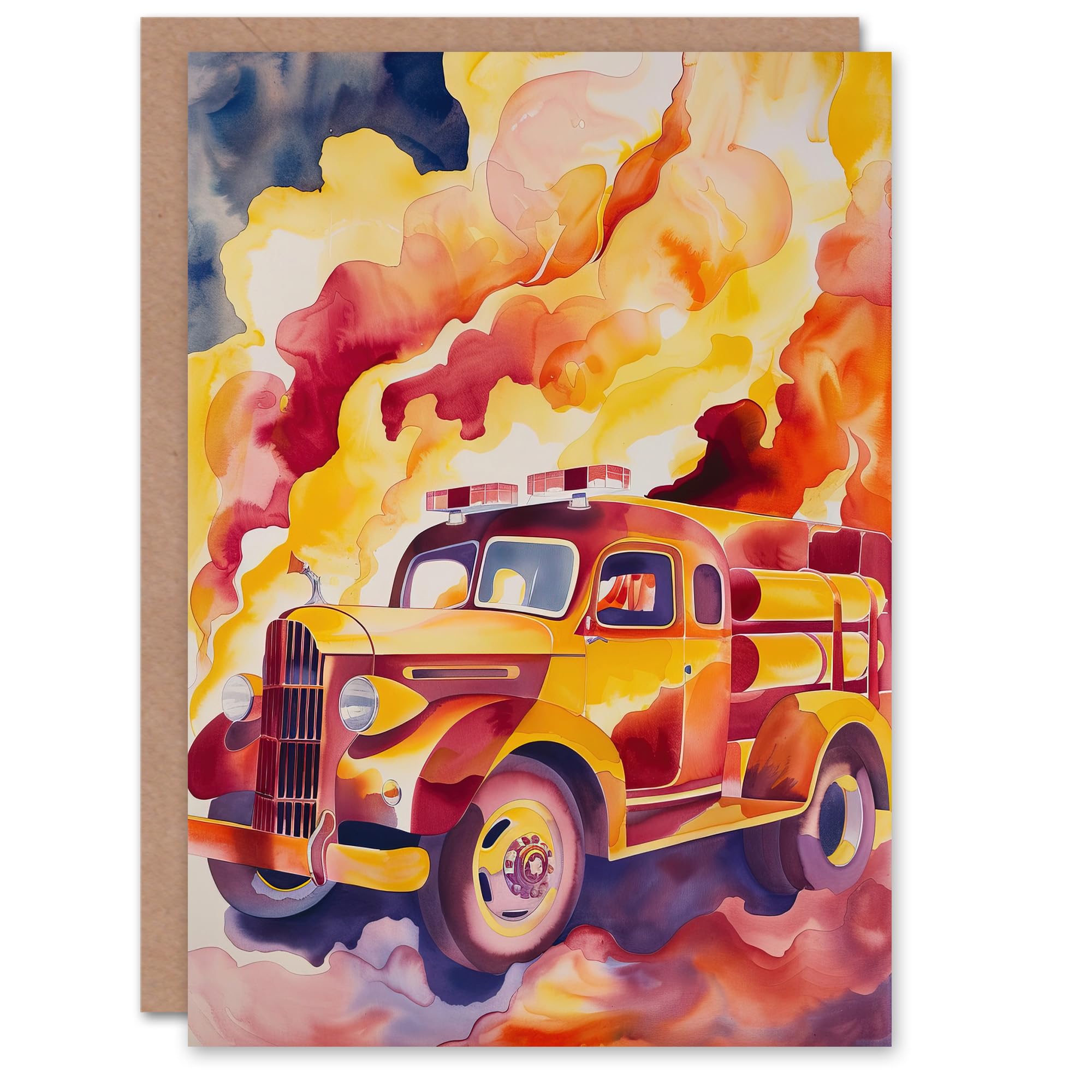 Artery8 Fire Truck on Fire Orange Lilac Red Watercolour Greeting Birthday Card Him Her All Blank