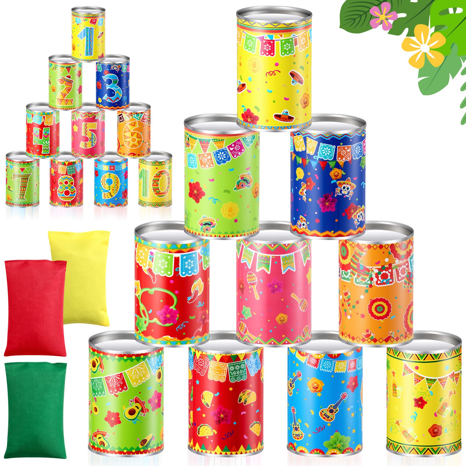 Photo 1 of Jingmore Fiesta Mexican Party Games Tiki Can Toss Game Bean Bag Toss with 10 Tin Cans and 3 Bean Bag for Cinco De Mayo Taco Party Supplies Indoors Outdoors Activities
