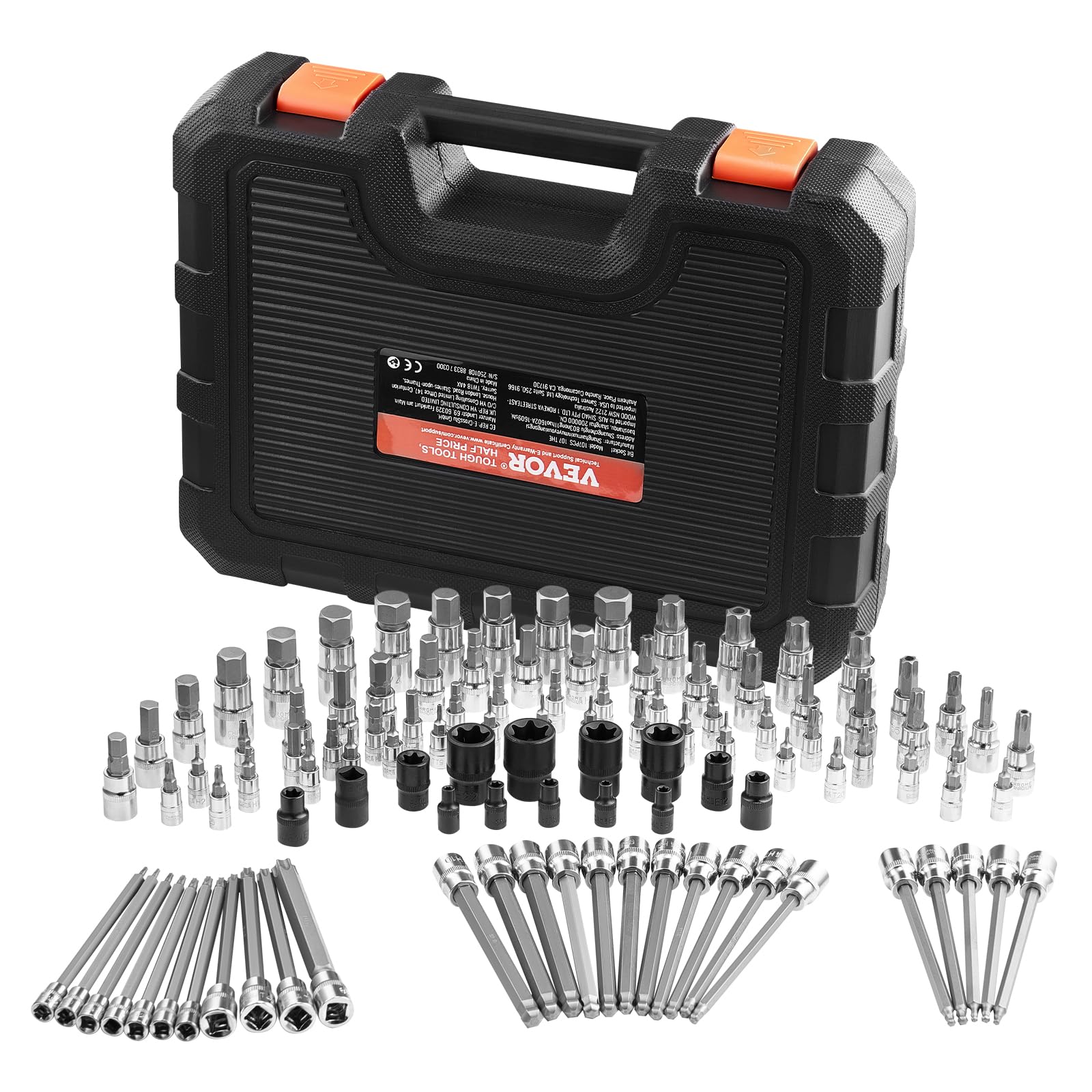 VEVOR Set di Bussole 107 Pezzi SAE e Metriche, Esagonali/Torx/Torx Esterne, Acciaio Legato S2 e Acciaio Cr-V, Attacchi 0,63/0,95/1,27 cm con Custodia di Stoccaggio Migliorata, Uso Manuale