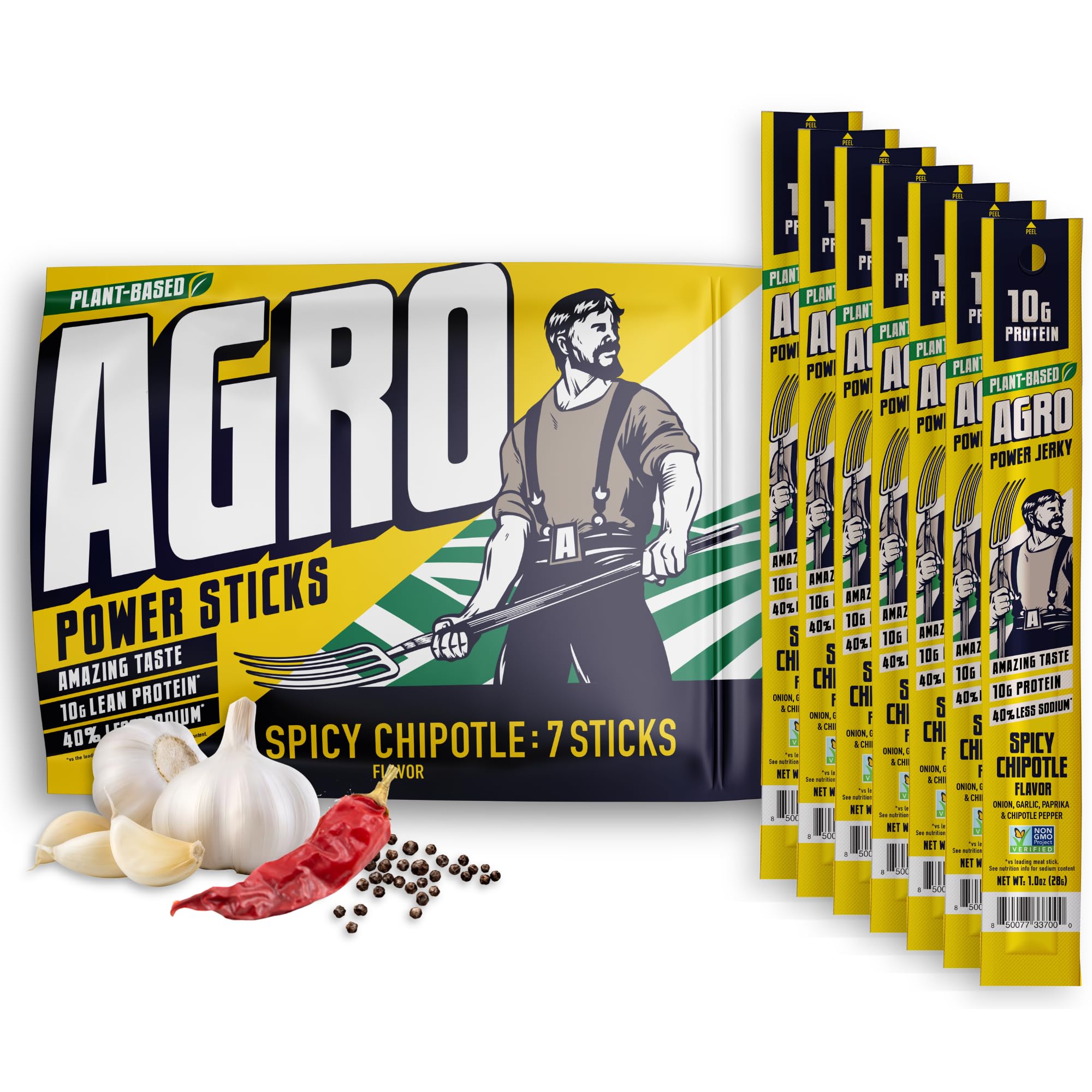 AGRO POWER Vegan Jerky Sticks, 10g Protein per Stick, Spicy Chipotle Plant-Based, 7 Stick Bag, Non-GMO, 40% Less Sodium, Zero Cholesterol, Meat