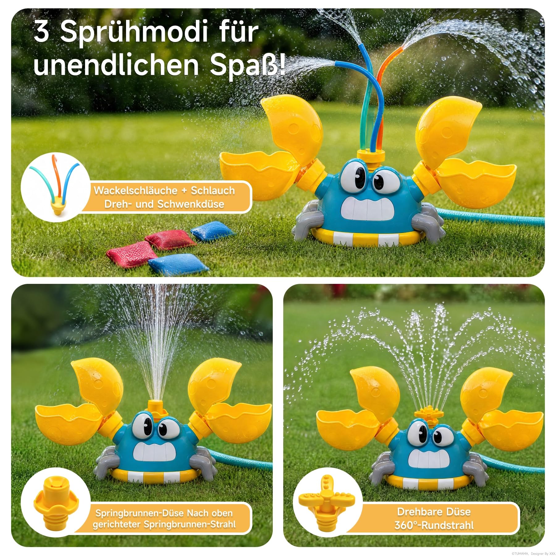 Kinder Wassersprinkler Krabbe mit Cornhole Säcken & Wasserspaß | Drei Sprinkler-Modi, interaktives Säckchen Wurfspiel, perfektes Outdoor Wasserspielzeug für Kinder im Garten.