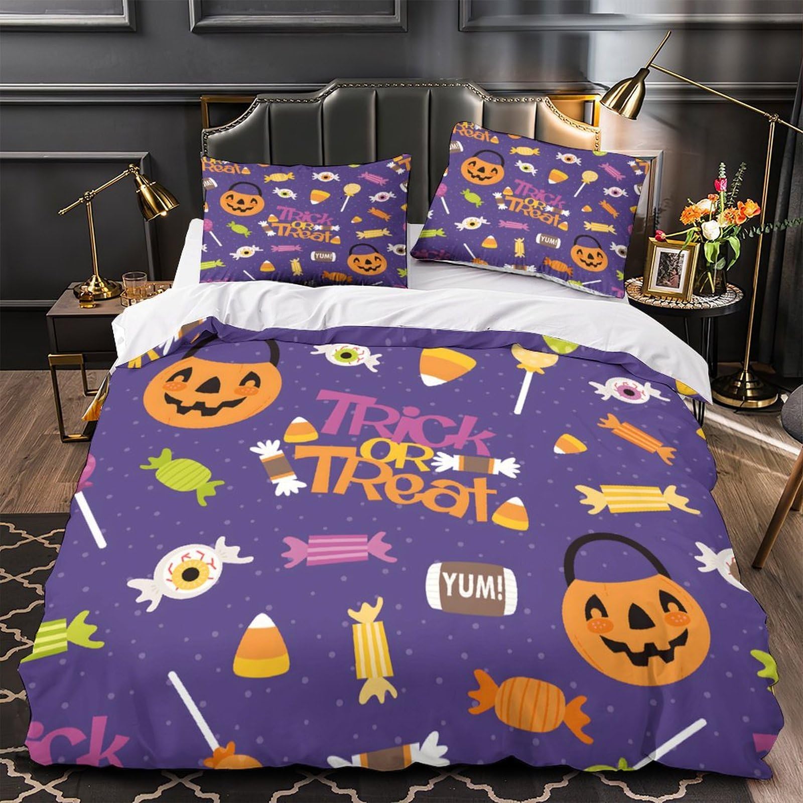 Housse de couette Halloween 3D avec 2 taies d'oreiller microfibre 200x200cm pour lit double