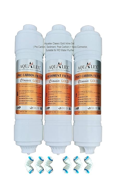 Aqualex, Pokar RO Inline Set, Pre Carbon Filter+ Sediment Filter + Post Carbon Filter Supreme Quality + 6 pcs connactor (Elbow) Suitable for RO Water Purifier