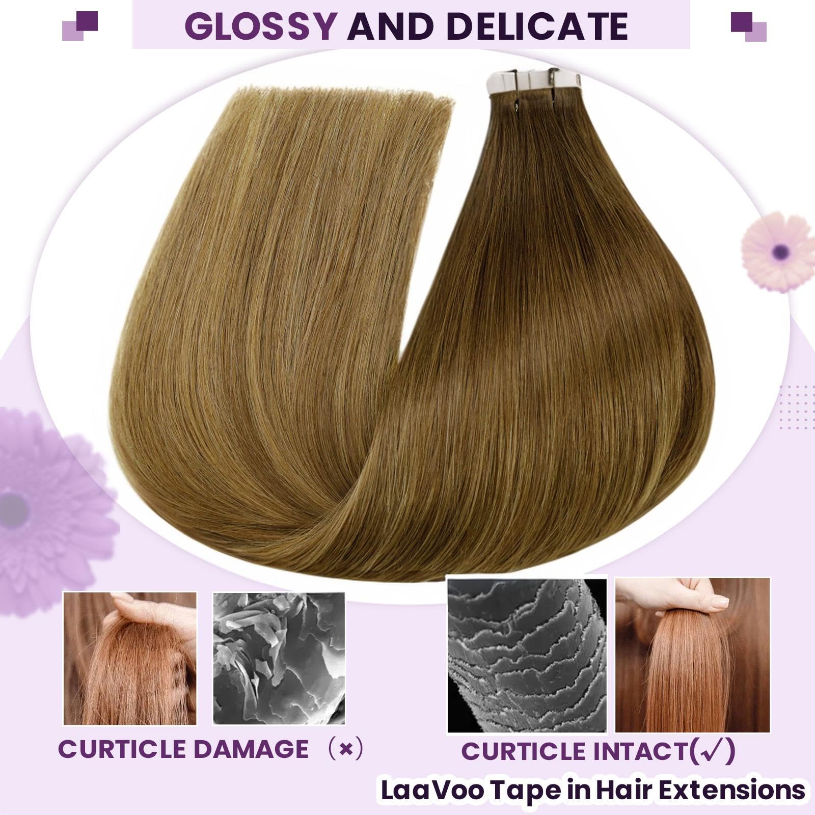 LaaVoo Tape in Hair Extensions Human Hair 50g Tape Hair Extensions Real Human Hair Invisible Tapes Remy Straight Balayage Brown Shadows Hair Double Sided Tabs 20pcs 22 Inch #6/8/14 - Image 4