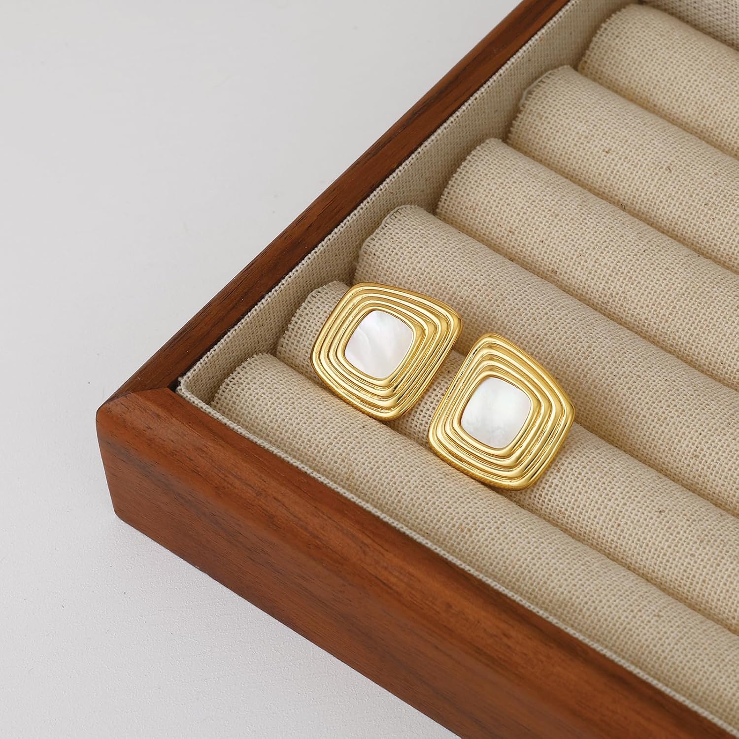 White Earrings Chunky Gold Statement Mother of Pearl Earrings 14K Gold Plated Square Stud for Women - Image 7