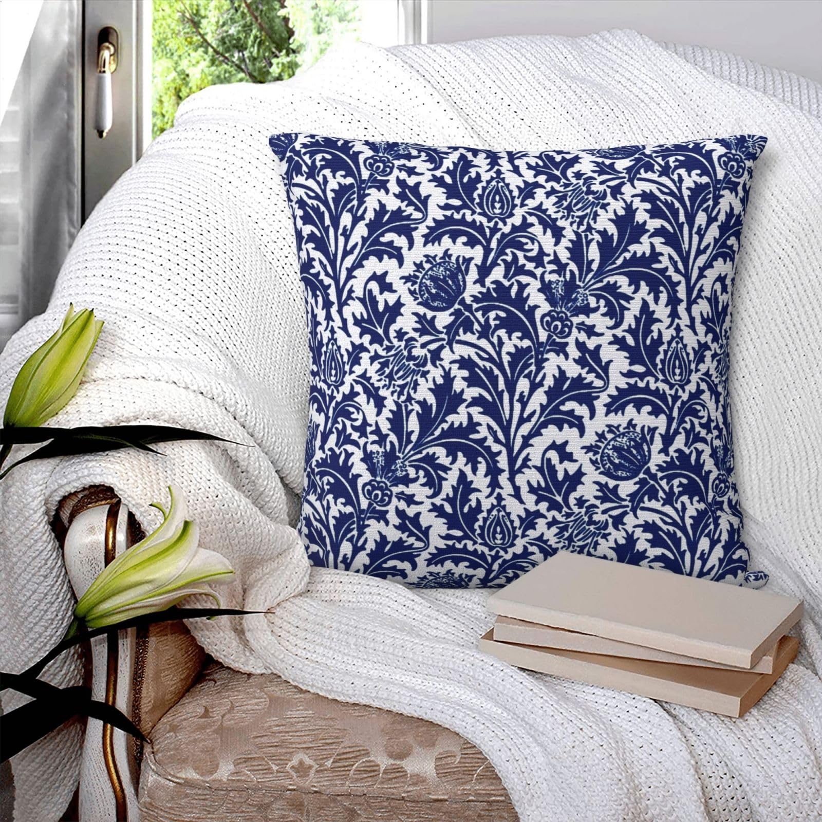 Thistle Damask Navy Blue and White William Morris Greenery Forest Animals Pheasant Decorative Throw Pillow Covers 18x18 inch Soft Pillowcase Aesthetic Cushion Cover for Home Decor Sofa Living Room - Image 4