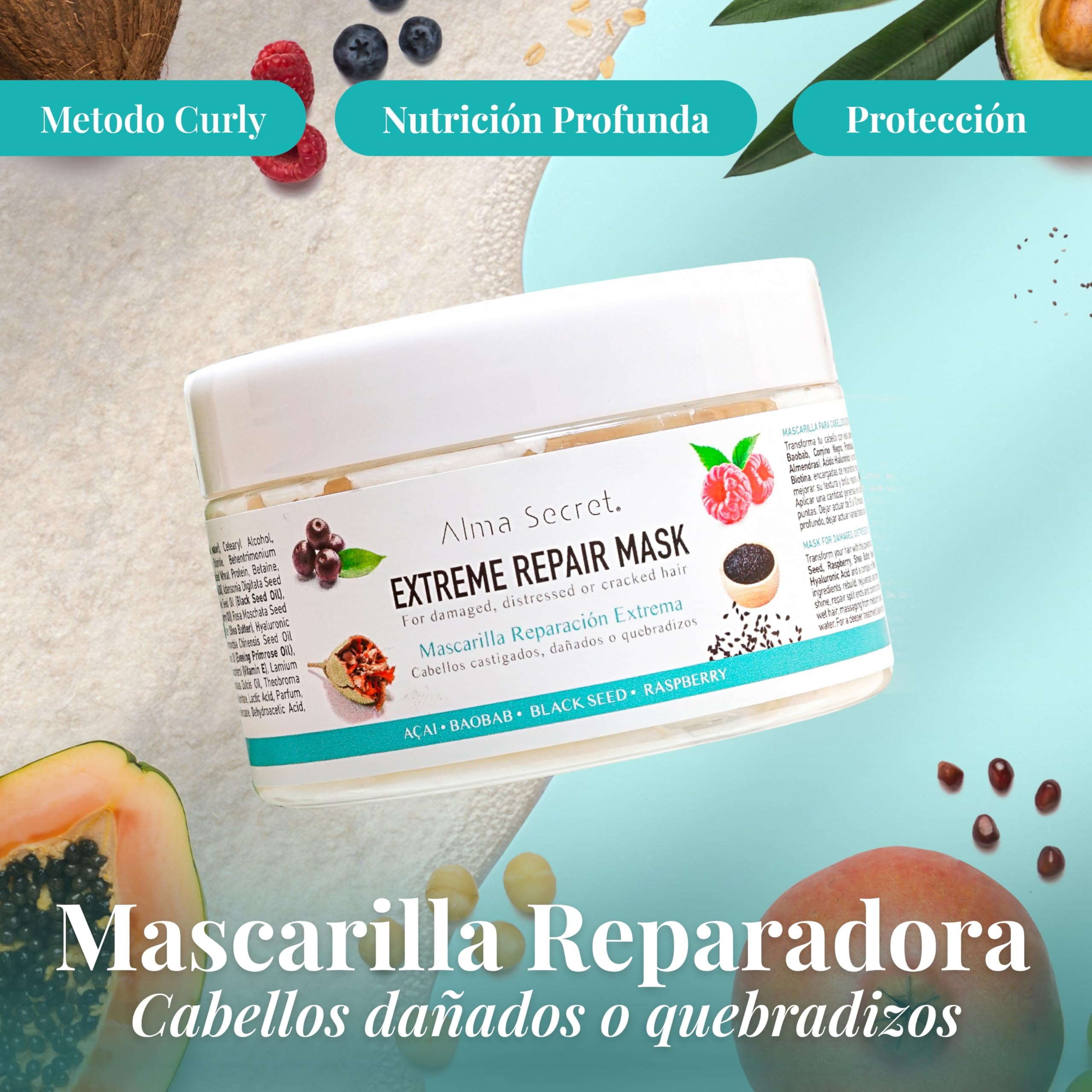 Alma Secret Extreme Repair - Mascarilla pelo reconstructora fibra capilar - tratamiento reparación capilar - apta Método Curly - Hialurónico Biotina Proteínas - Cabello dañado 250 ml