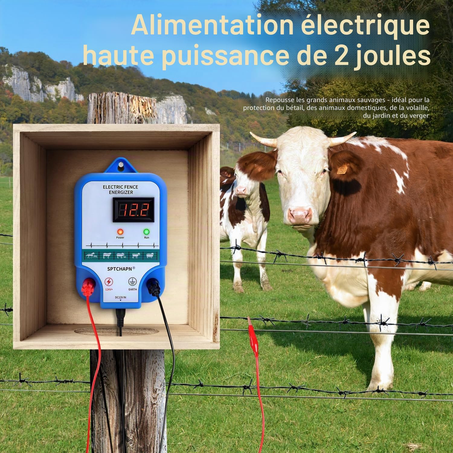 Kit énergisant de clôture électrique 12 AC - Contient 2 joules de sortie de clôture énergisant, prise et tige de terre - Portée de 10 km - Écran LED - Résistant aux intempéries - Pour chevaux, animaux