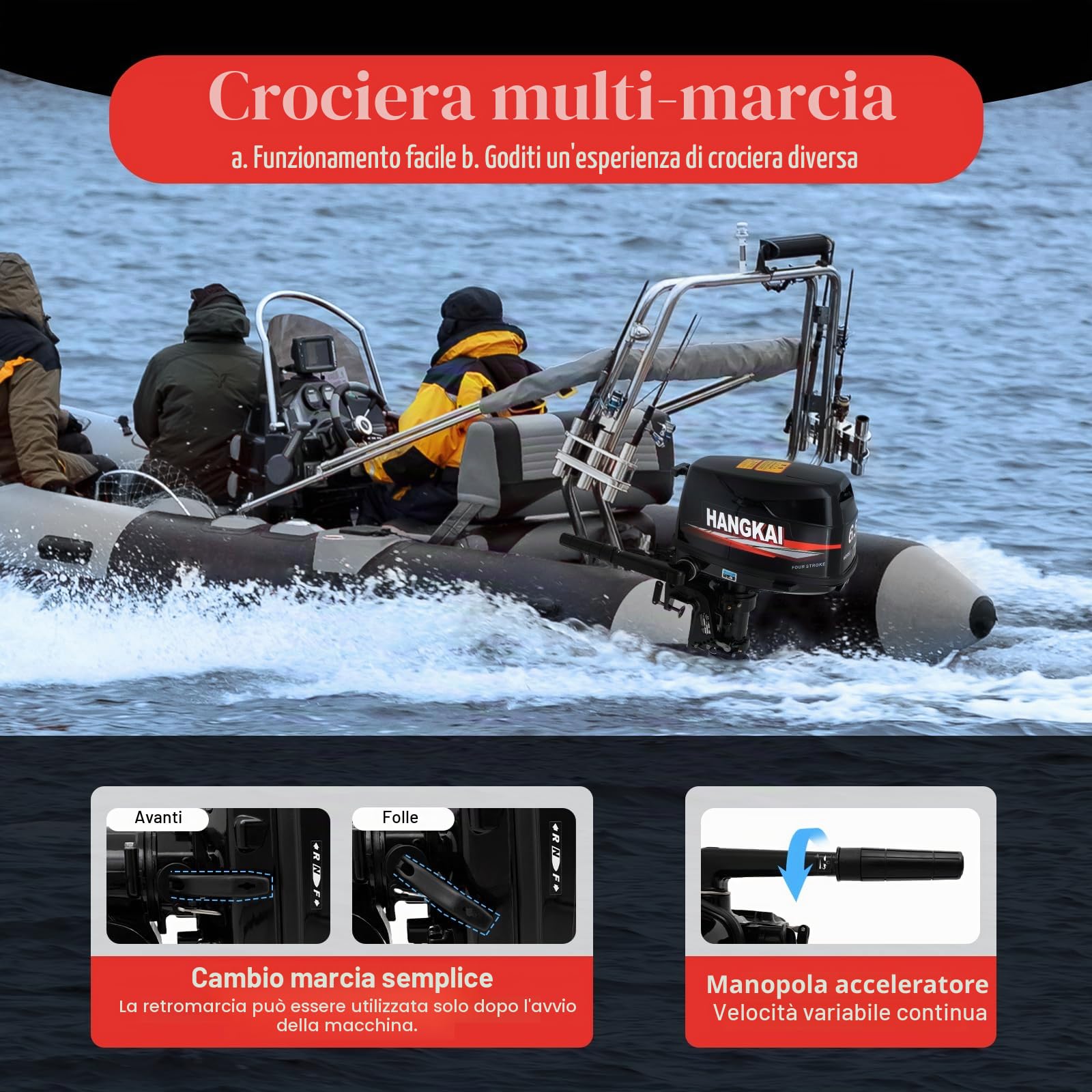 Motore fuoribordo a 4 tempi, 123 cc, 6,5 CV, 6000 giri/min, capacità serbatoio 12 l, raffreddato ad acqua, accensione CDI, avviamento manuale, motore fuoribordo per barche pneumatiche, barche da pesca