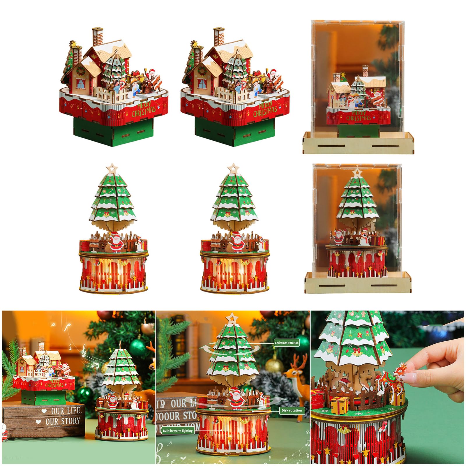 Carillon a forma di albero di Natale, in legno naturale, strumento fai da te con meccanismo musicale rotante, decorazione natalizia musicale
