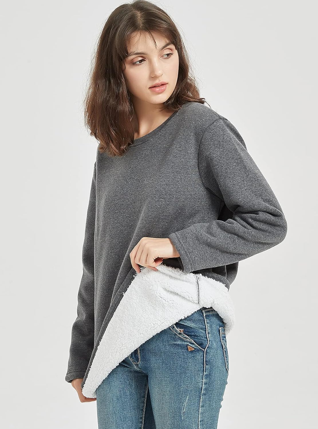 Flygo Women's Winter Warm Sherpa Lined Fleece Crewneck Sweatshirt Pullover Loungewear Tunic Tops - Image 4