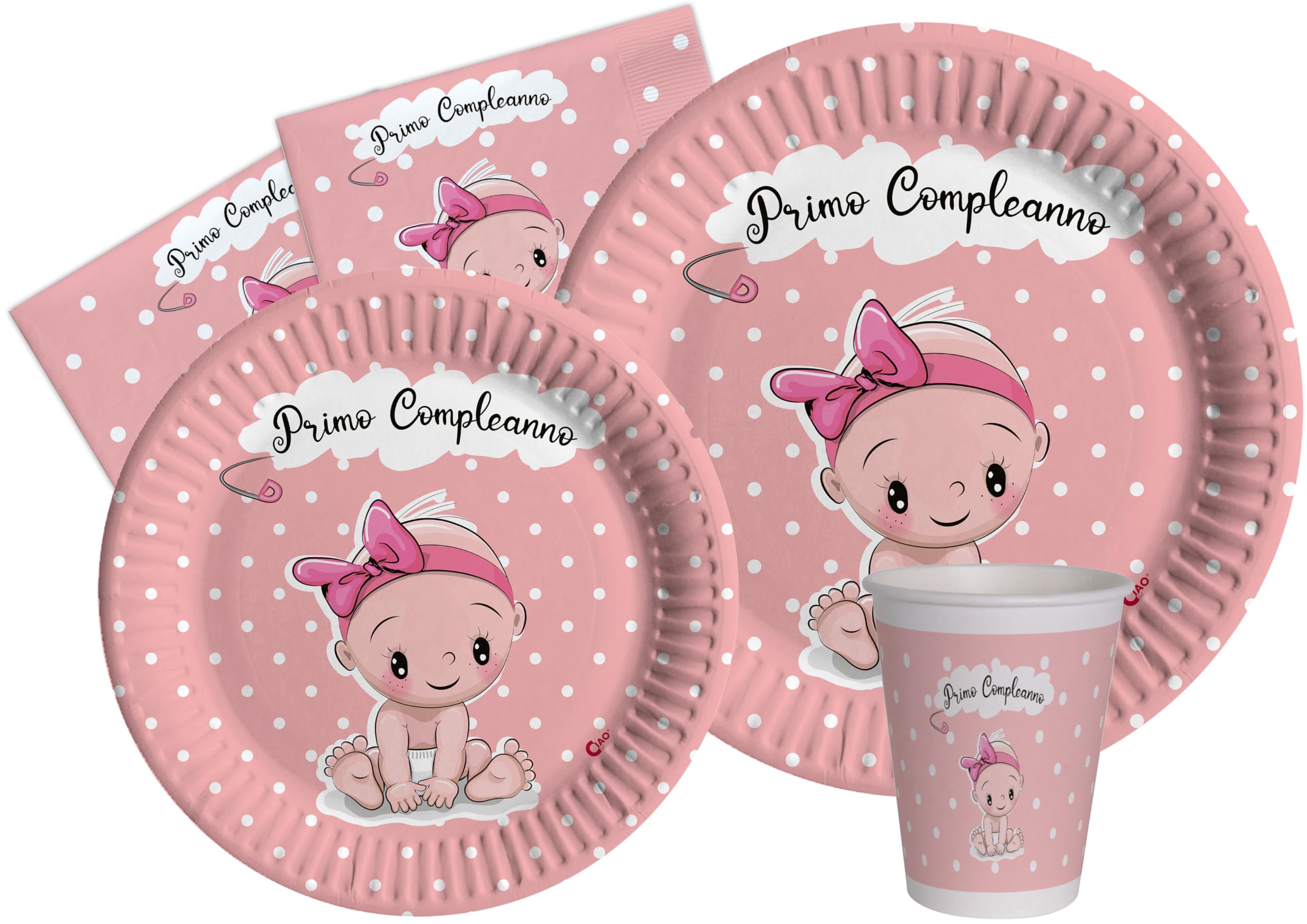 Ciao Party Tableware Set Primo Compleanno for 24 People (112 pcs: 24 Plates Ø23cm, 24 Plates Ø18cm, 24 Cups 200ml, 40 Napkins 33x33cm) in eco-Friendly compostable Paper, Pink