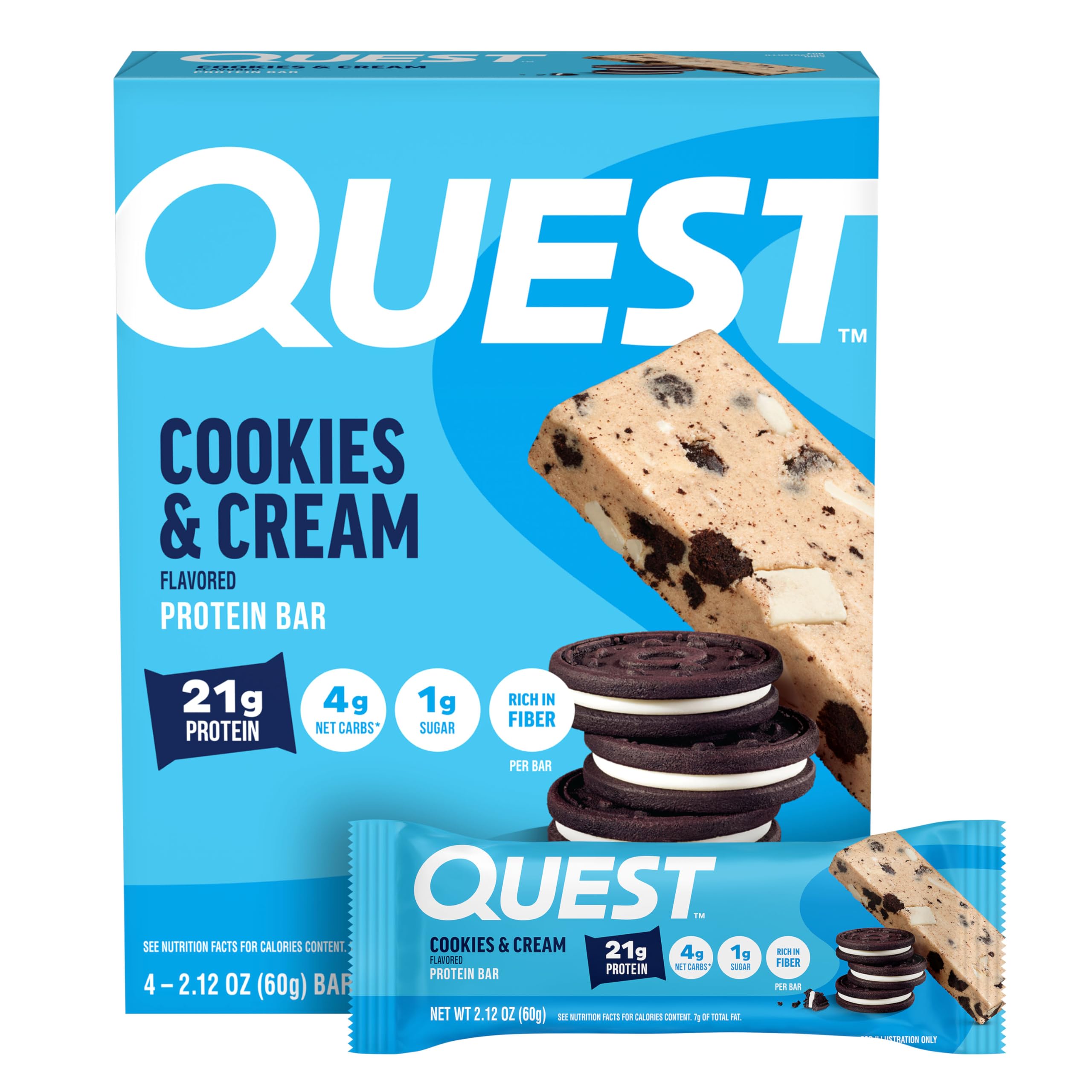 Quest Nutrition Cookies & Cream Protein Bars, 21g Protein, 4g Net Carbs, 1g Sugar, High Fiber, Gluten Free, Keto Friendly, 4 Count