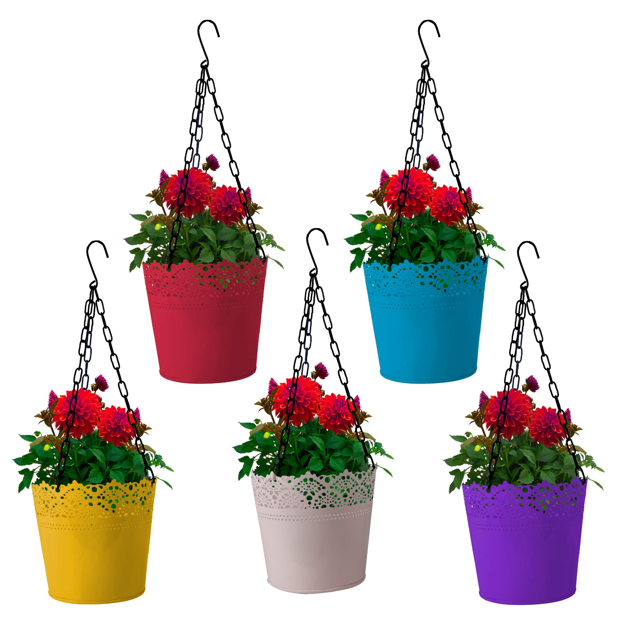 TrustBasket Lace Planter with Hanging Chain - Set of 5 (Yellow, Teal, Pink, Ivory, Purple)
