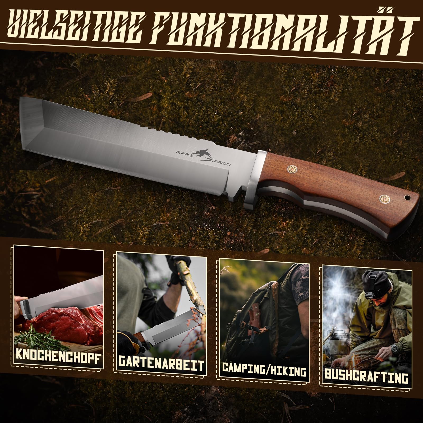Purple Dragon Großes Messer zum Holzhacken, Machete Scharf Echt mit 7mm Klingenrücken, Tanto Messers mit Scheide, Outdoor Messers aus Hochkohlenstoffstahl gefertigt, Geschenke für Männer