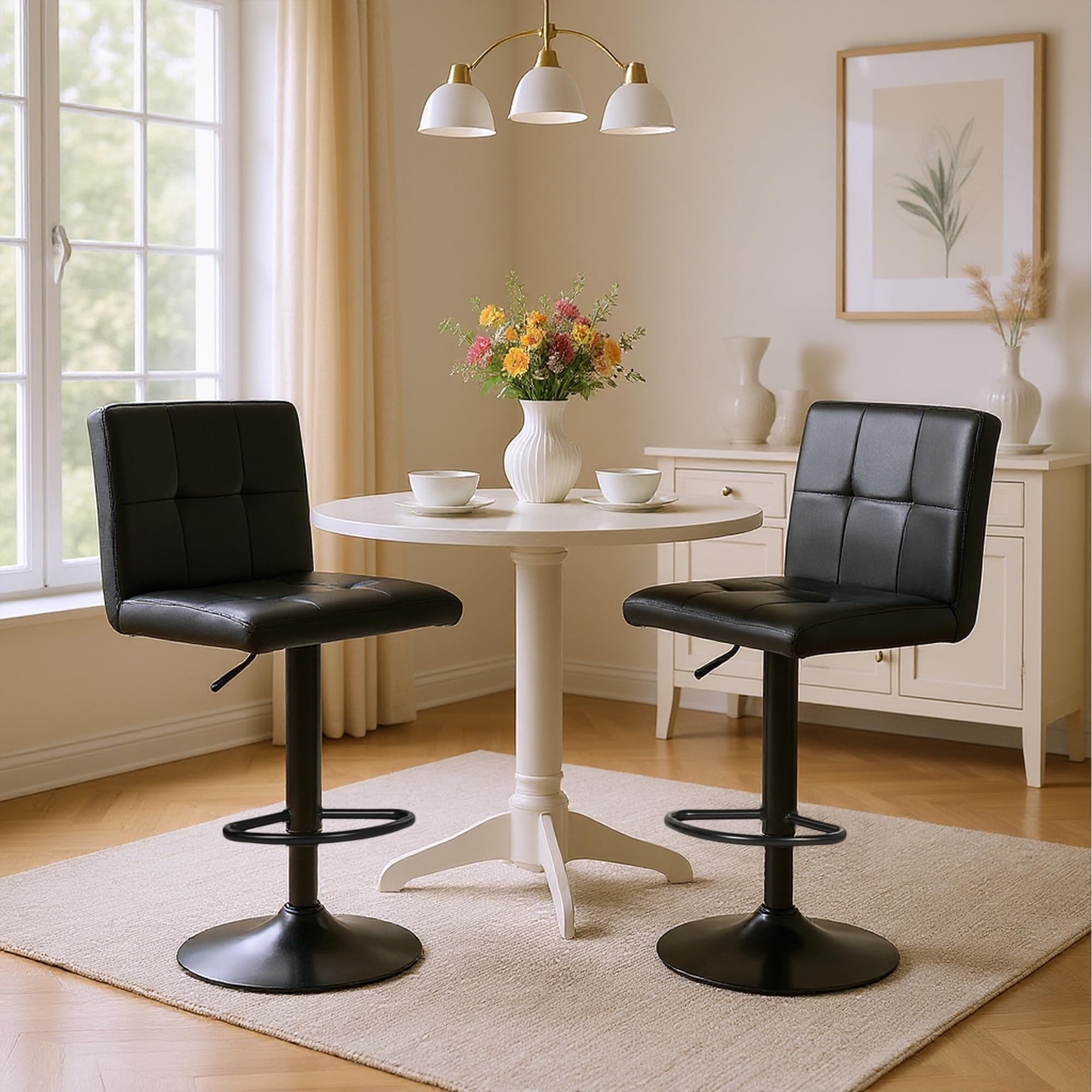 High Kitchen Stools, Height Adjustable Stool with Backrest and Padded, Set of 2 Bar Stools High Chairs for Island Kitchen Bar Bar and Dining Room, 360° Rotate, Black