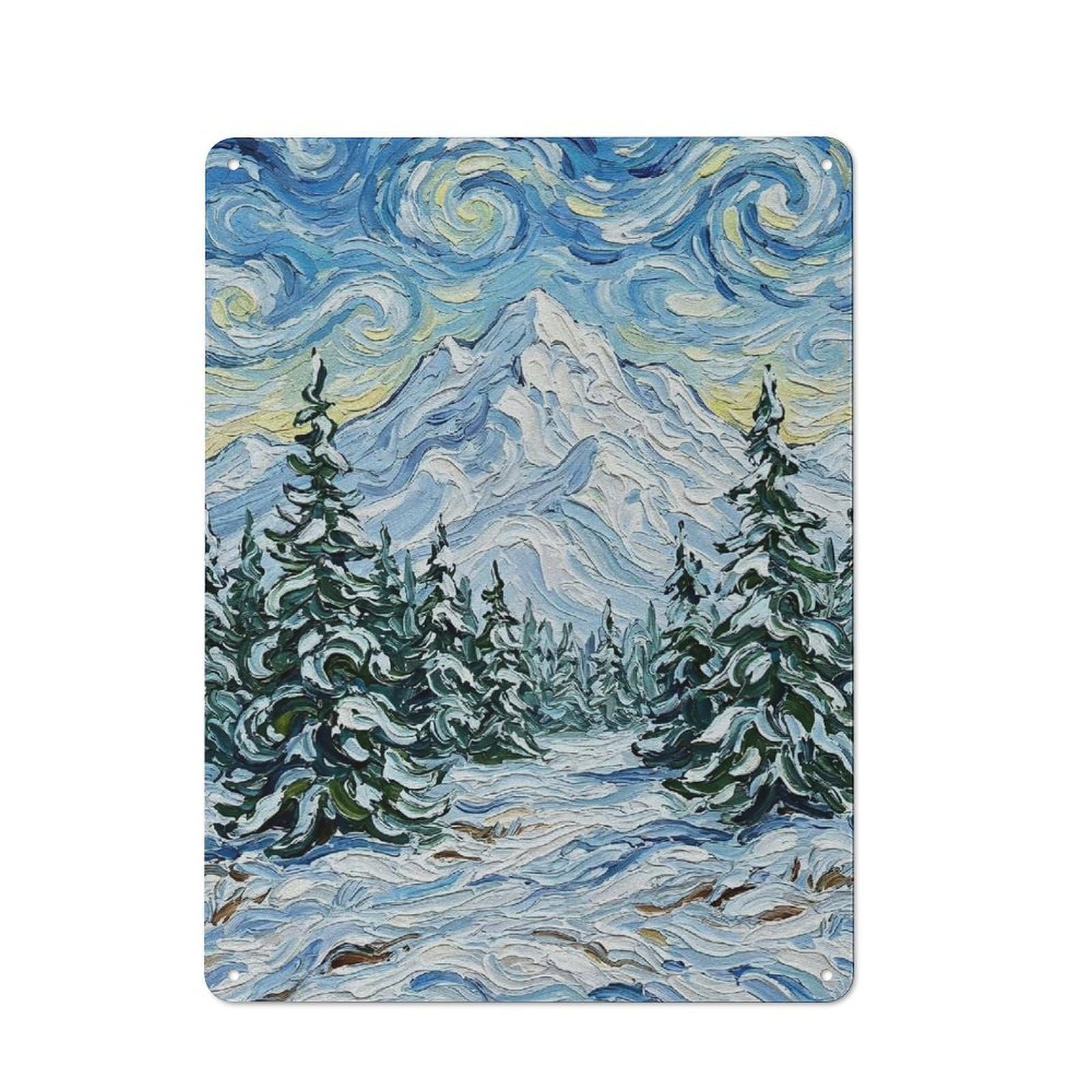 Junmoney Style-22 Tin Wall Plaque 40X30cm With Snowy Mountain Landscape Painting For Studio Or Craft Room, Suited To Studio Decor Lovers