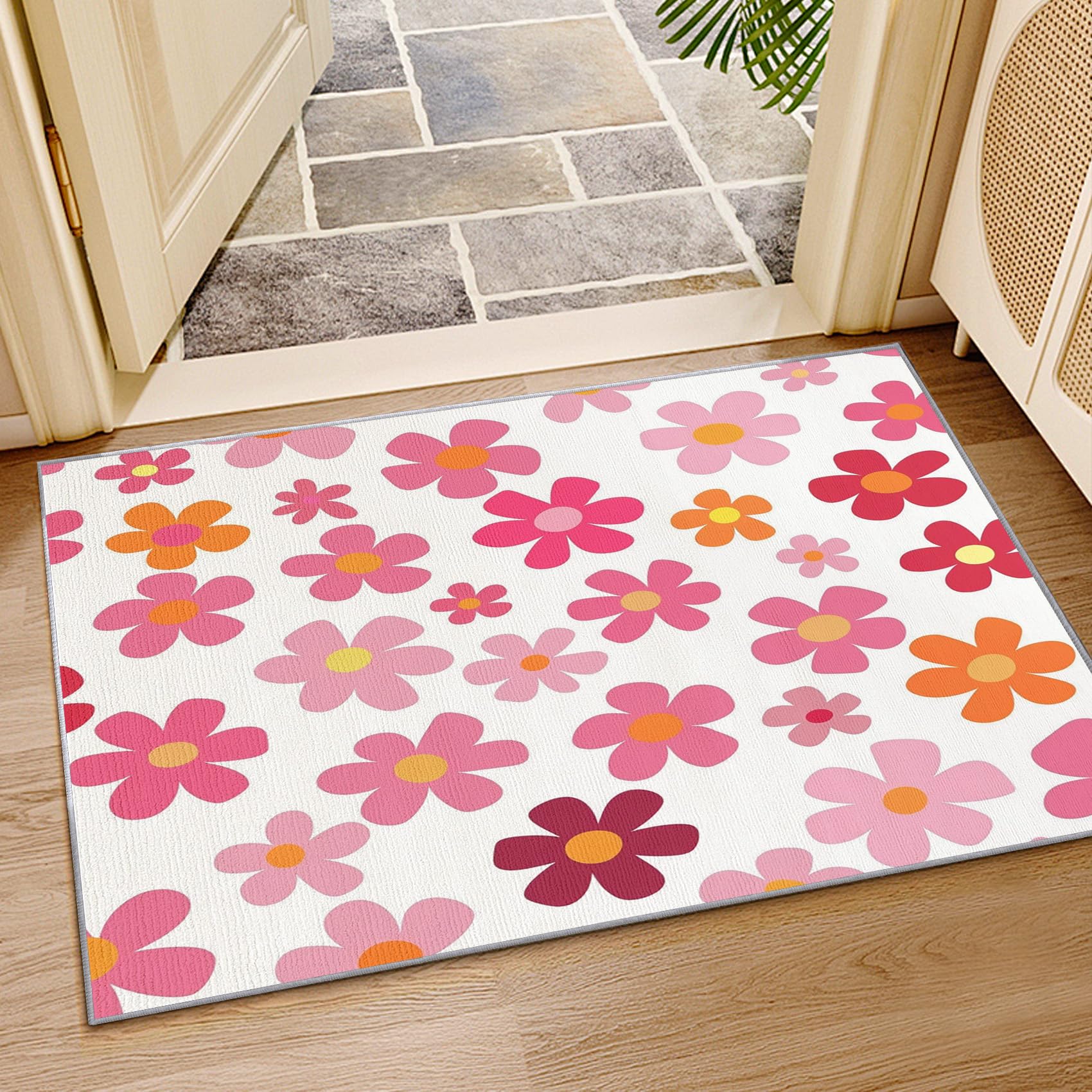 Generisch Blumen Teppich Kinderzimmer - Teppich Wohnzimmer Schlafzimmer Rosa Blumen, Kleiner Teppich Kinder Mädchen, Weich Kurzflor & Waschbar & rutschfest Fussmatte Innen, Kinderteppich 80x150 cm