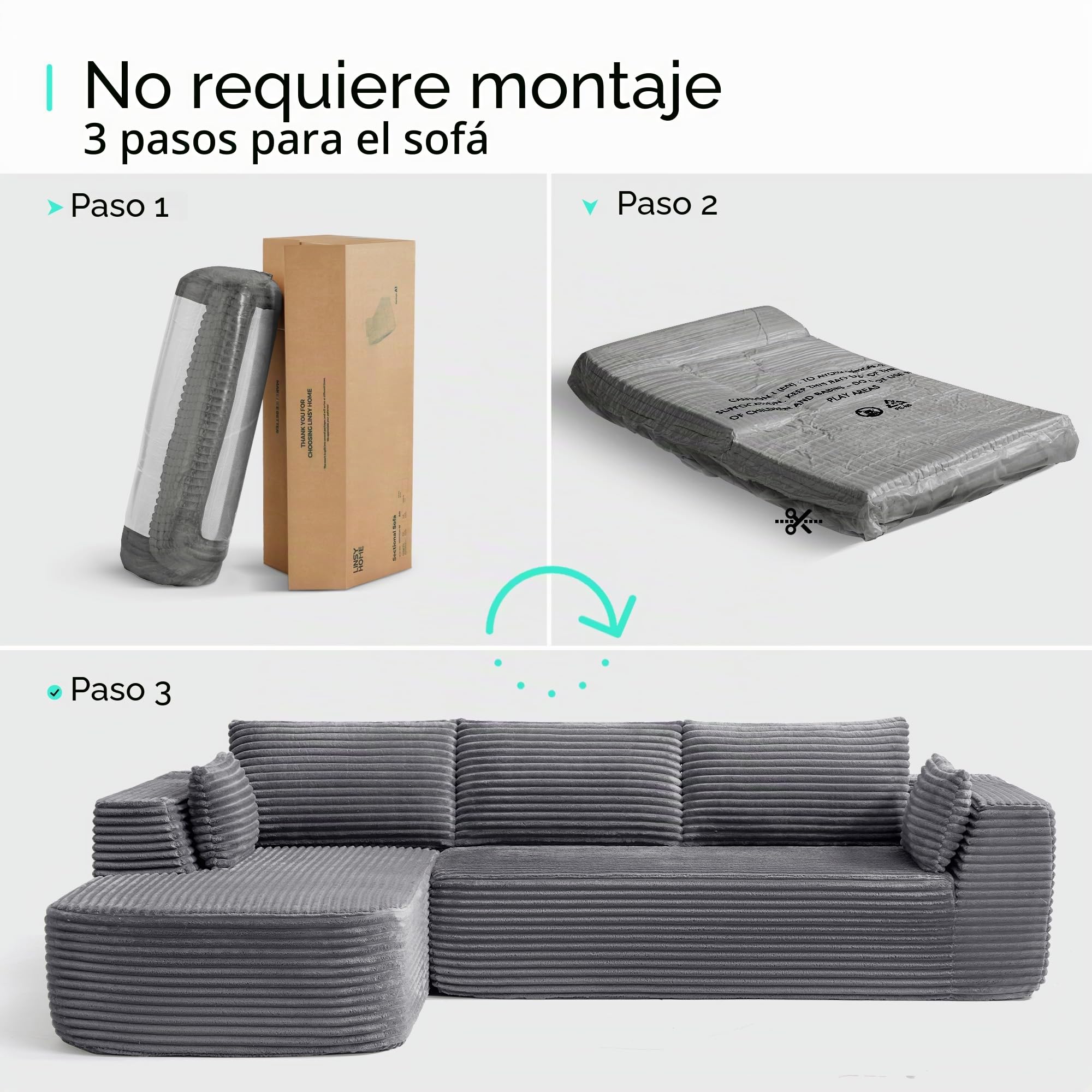 LINSY Home Sofá de Esquina con función de Dormir - Sofá Cama Modular Corduroy de 270 cm, en Forma de L, sofá de 3 plazas con otomana, sofás seccionales para salón, no Requiere Montaje | Sofá en forma de L, sofá de 3 plazas con otomana, sofás seccionales p