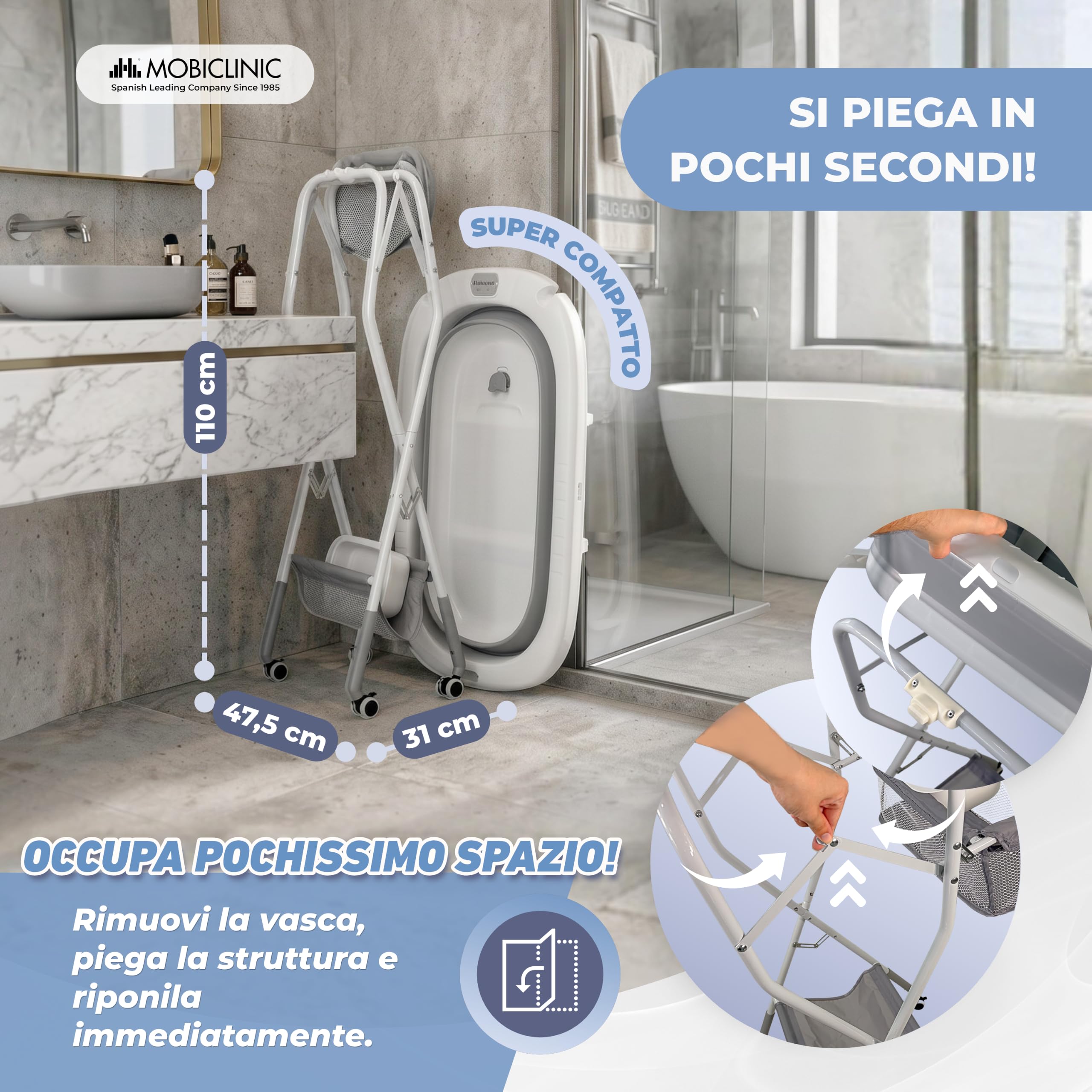 Mobiclinic®, Vaschetta Bagnetto Neonato, con Gambe e Supporto, Altezza Regolabile, Ruote a 360° con Freno, Cuscino Ergonomico, Tubo di Scarico, Cestino e Vassoio, Compatta, Bubba Max