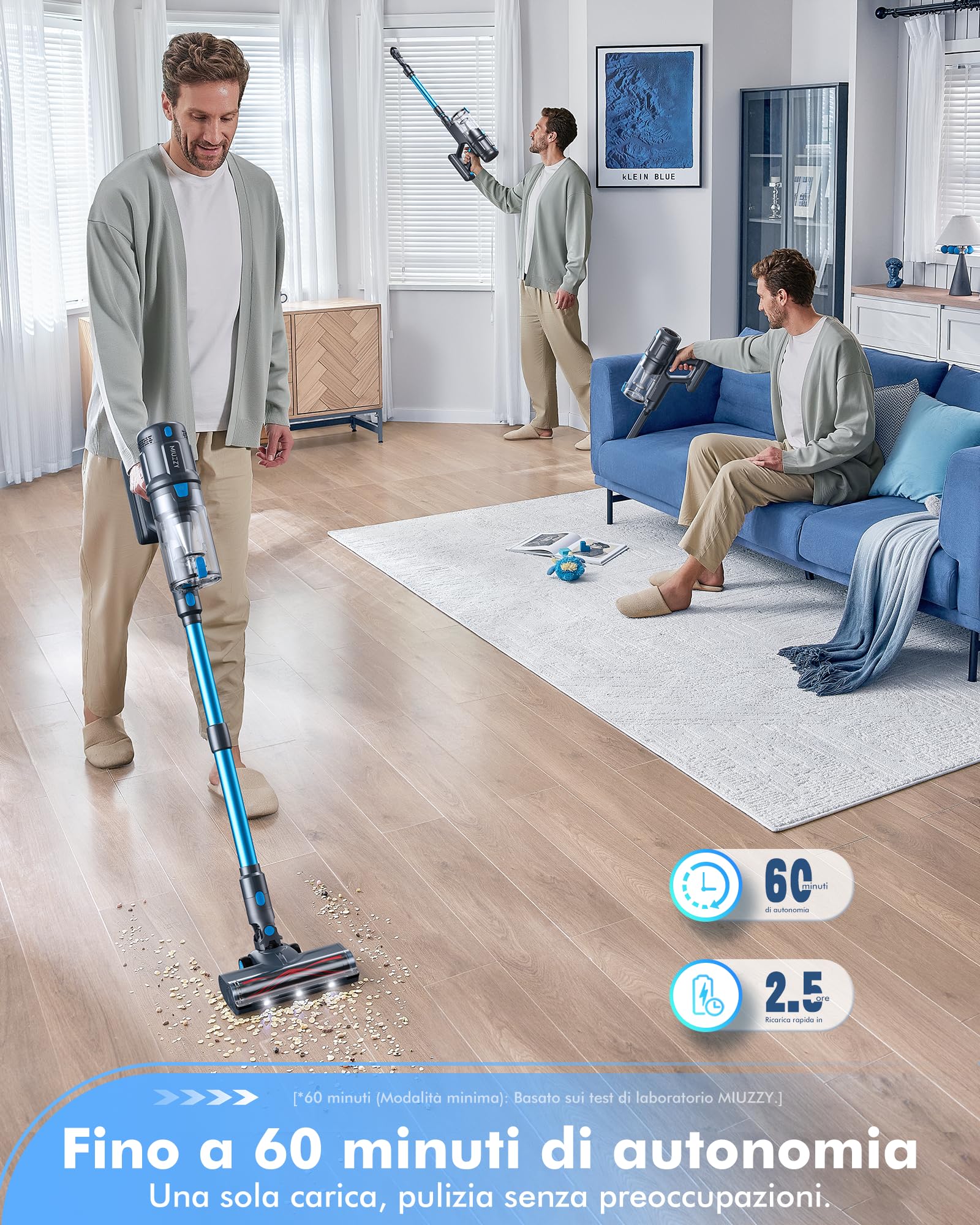 MIUZZY Aspirapolvere Senza Fili 8-in-1, Aspirazione Potente 140AW, Autonomia di 60 Minuti, Ricarica Rapida, Scopa Elettrica per Casa, Peli di Animali Domestici, Pavimenti Duri, Tappeti e Auto-M244 Blu
