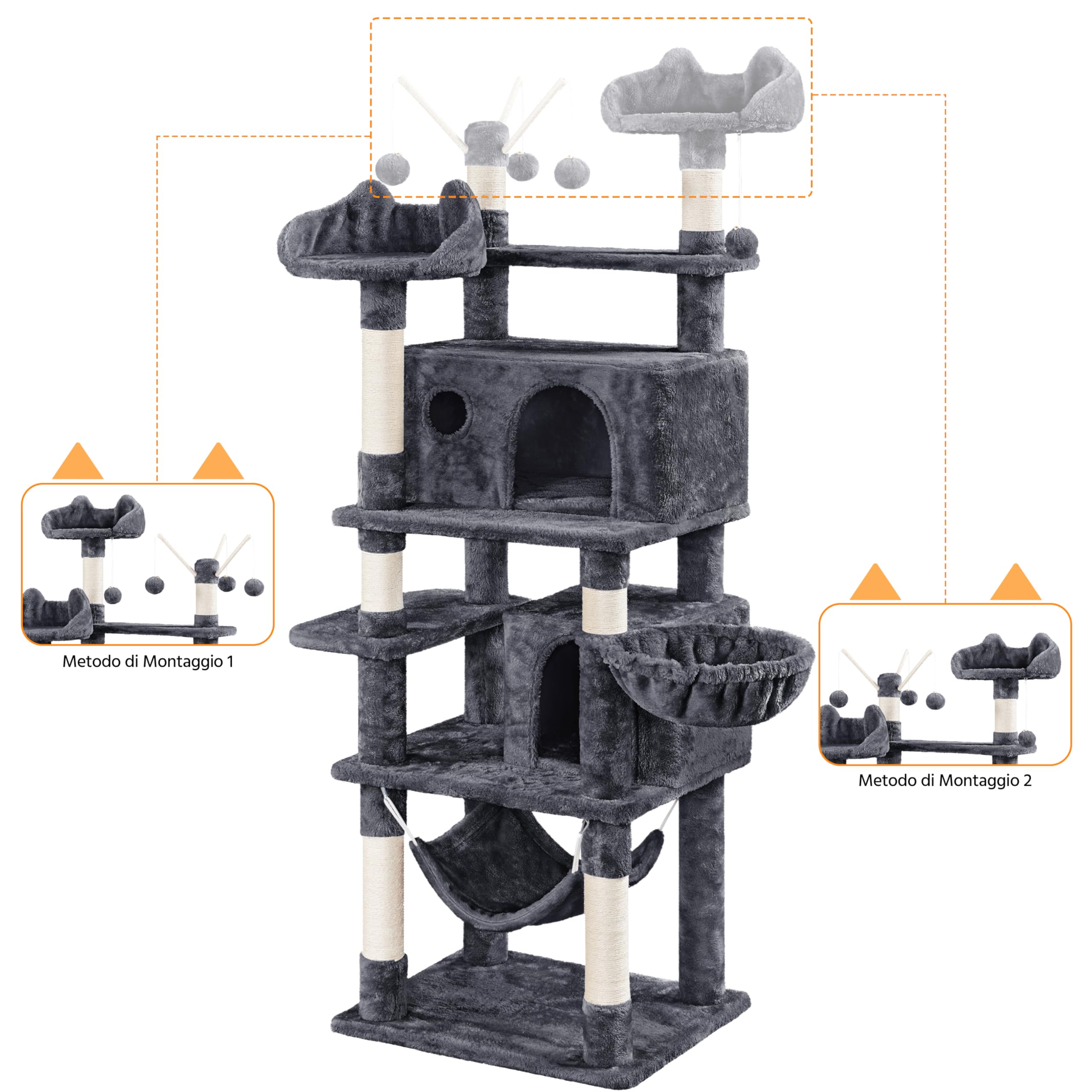 Yaheetech Albero Tiragraffi per Gatti 170 cm in Truciolato e Sisal con Posatoio Palla da Gioco Condomini Grigio Scuro