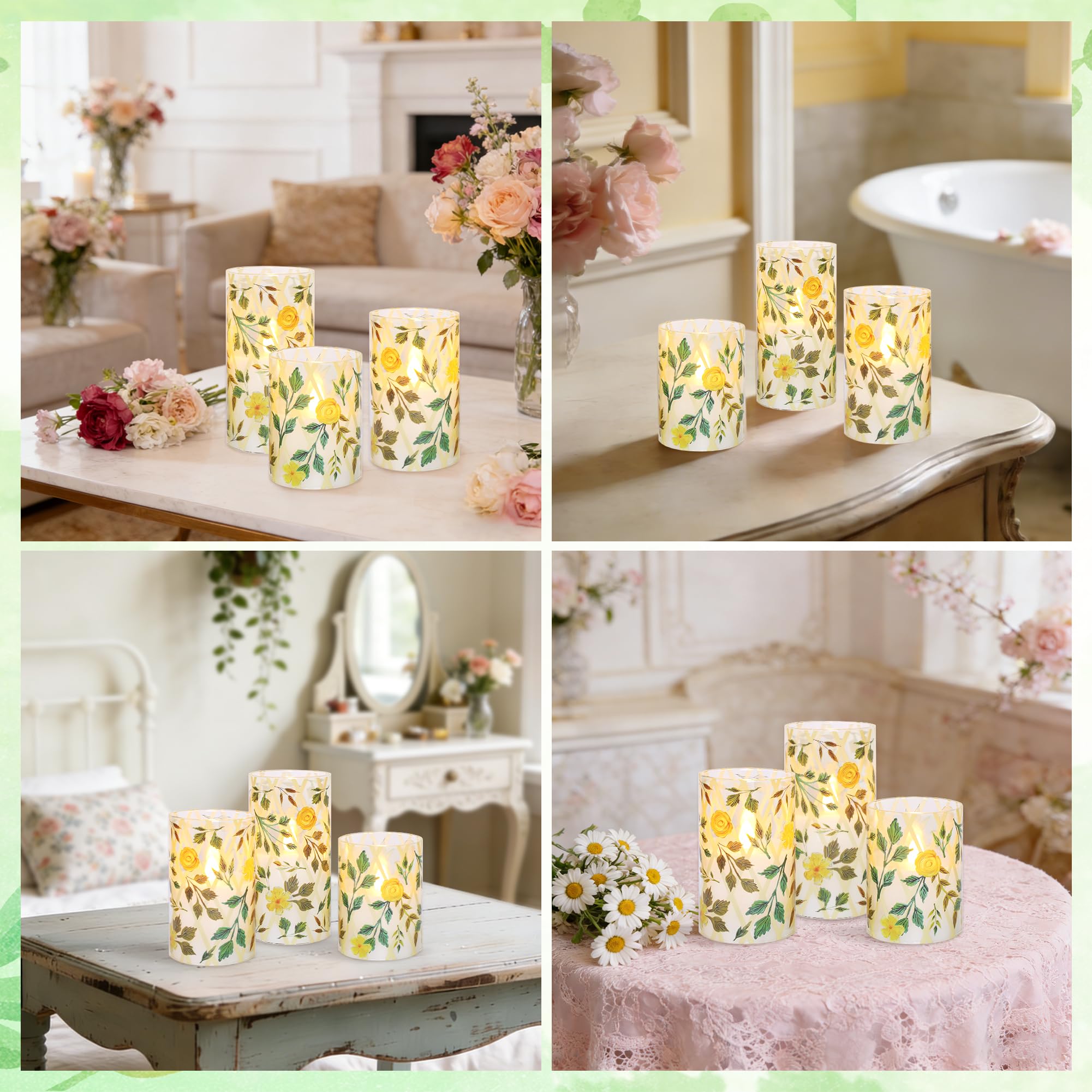 Flammenlose LED-Kerzen mit Fernbedienung und Timer, Gelb Blume Grünes Gras Design, Glas Stumpenkerzen 3er Set