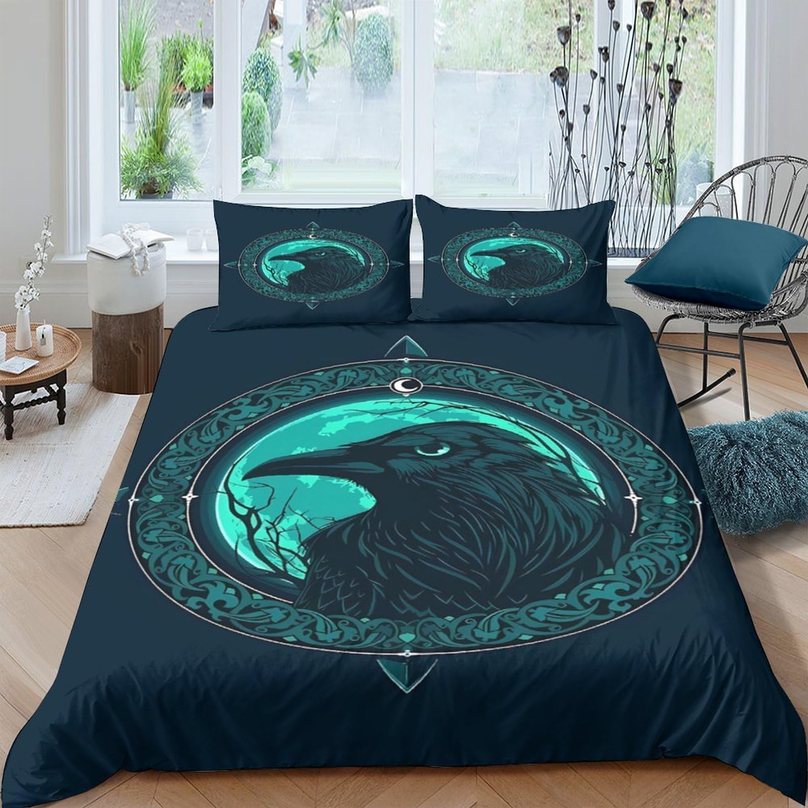Ctjqhvkz Style-7 3D Printed Raven Mandala Fitted Sheet Microfiber Soft Dark Teal Gothic Bird Mattress Cover Bedroom Dorm Decor Single（135X200cm）