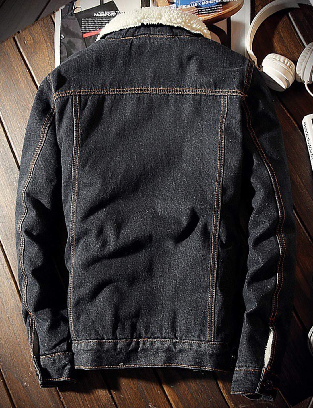 Omoone - Chaqueta de mezclilla gruesa con forro polar de borreguito y solapa, chaqueta de camionero para hombre