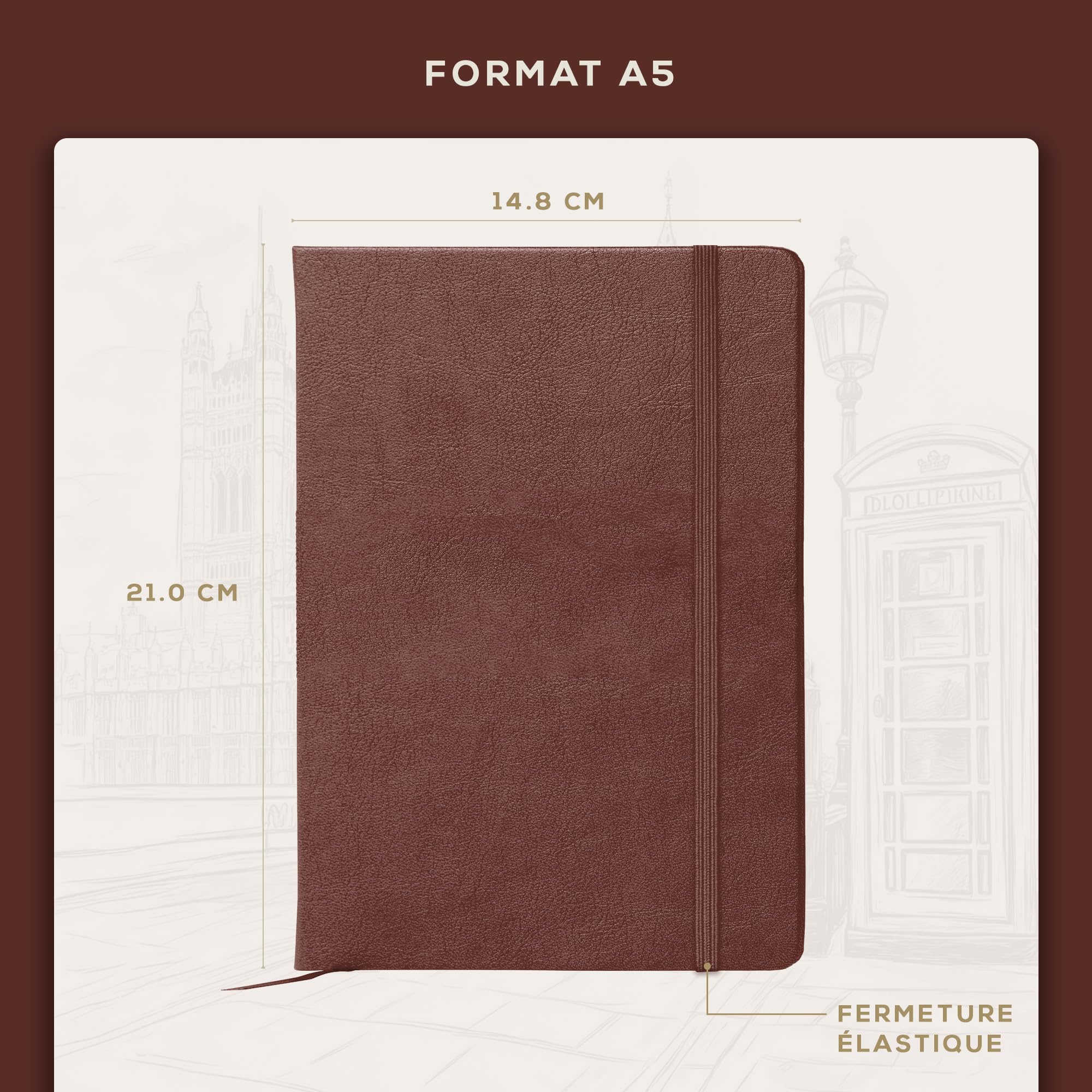 Carnet de Notes A5 Marron Couverture Rigide Cuir Vegan Papier Ligné 120 g/m² Beechmore Books