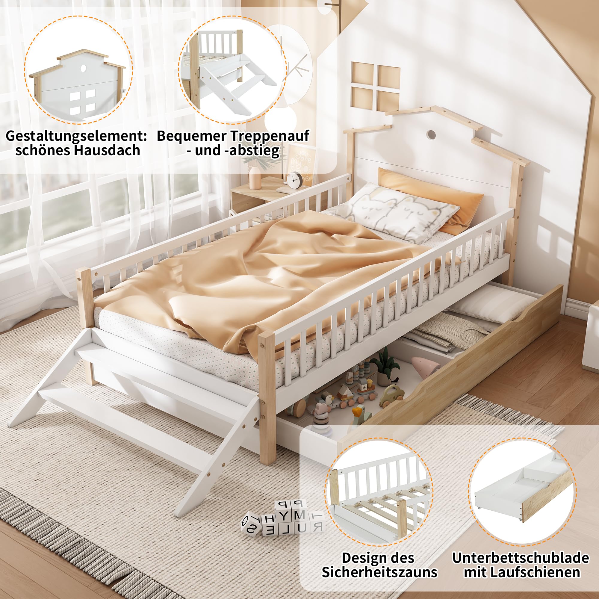 Kayan Cuna, con protección contra caídas y rejilla, con escalera lateral, diseño de techo único, adolescentes y adultos, camas planas, camas de madera, marco de pino+MDF, blanco y natural, 90 x 200 cm