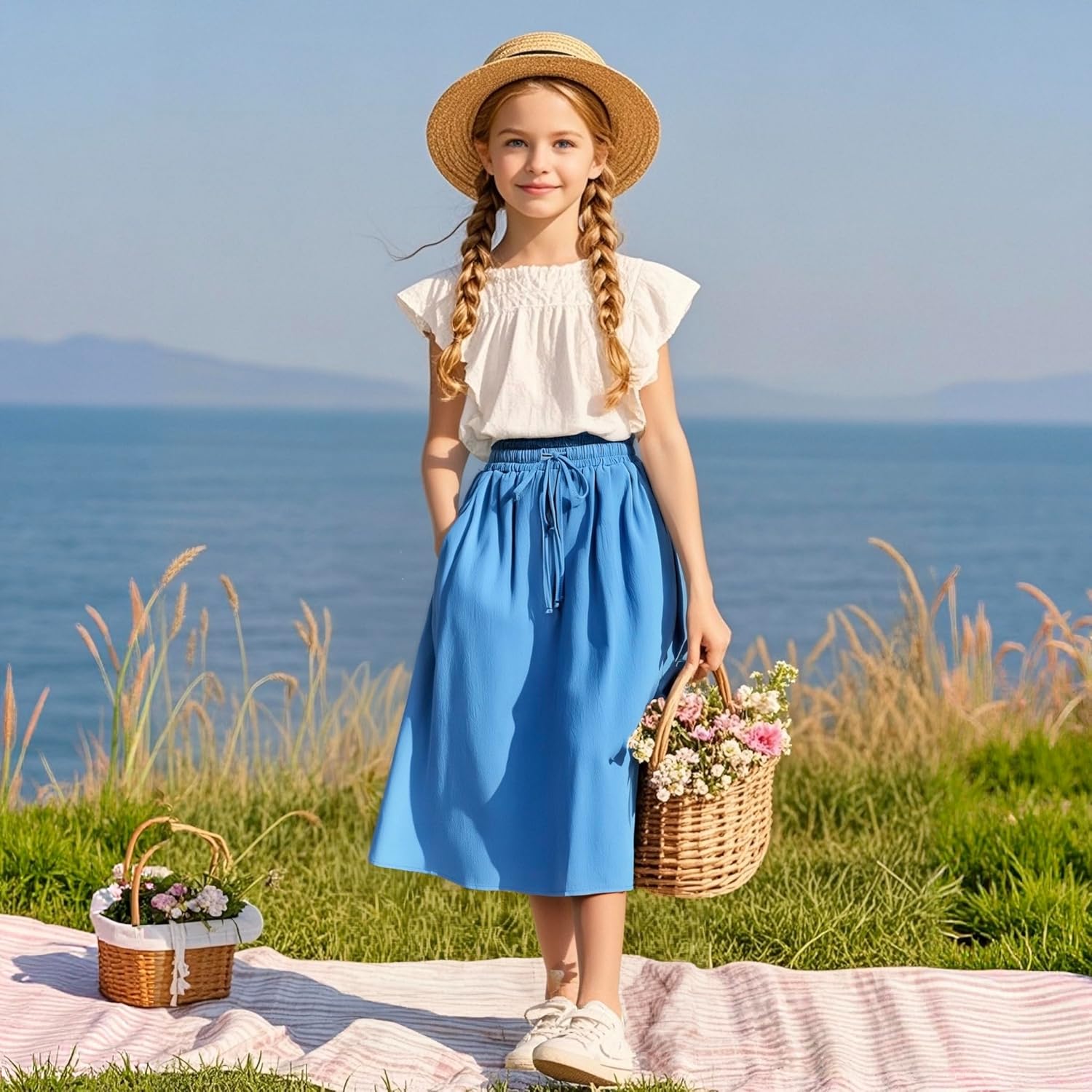 Girls Maxi Skirt Flowy A-Line Skirt Casual Ruffle Hem Skirt High Waist Elastic Skirt with Drawstring and Pockets - Image 2