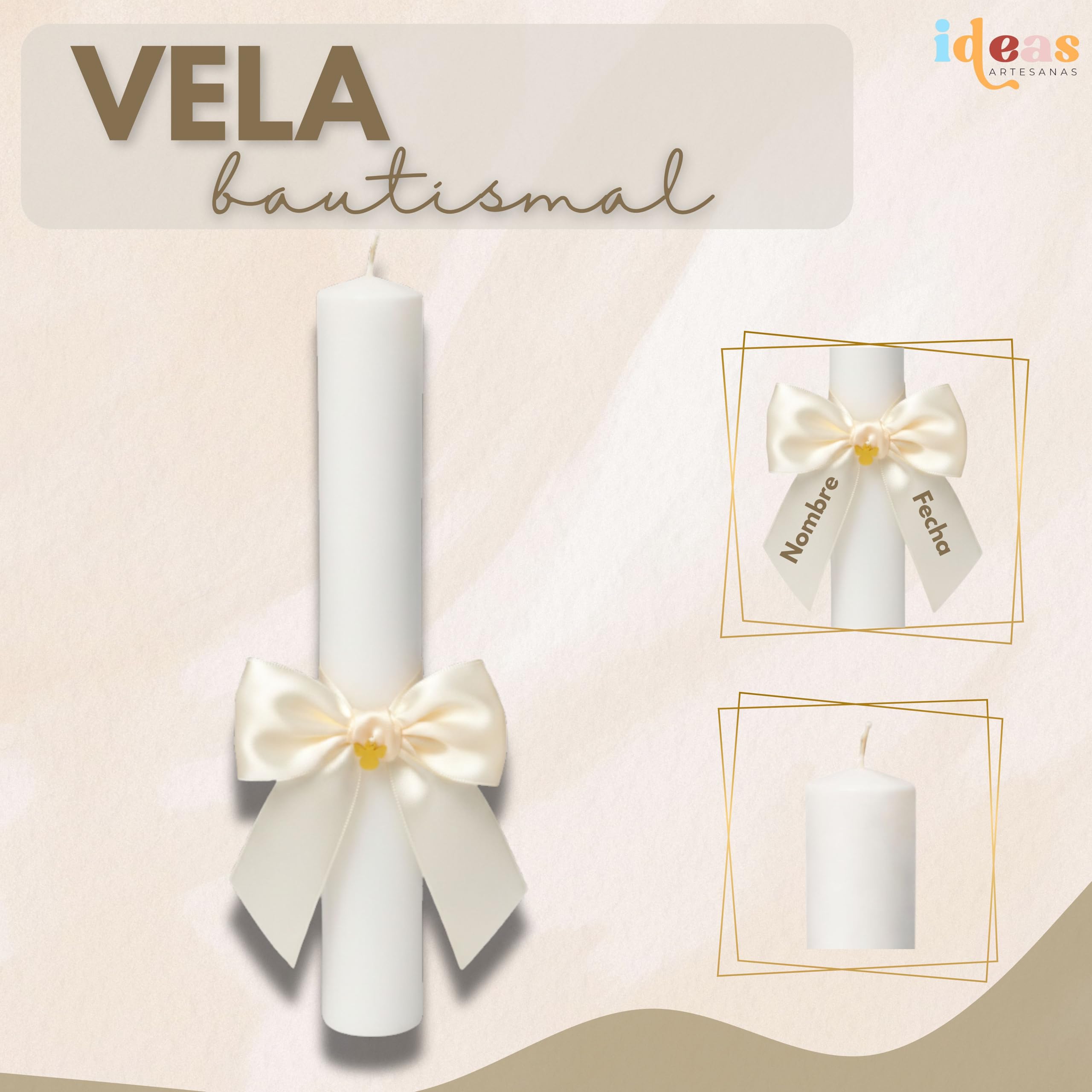 Kit de Bautizo Personalizado | Vela Artesanal con Lazo, Pañuelo Bordado y Concha Bautismal | Pack Premium con Vela Bautismo,Toalla de Bautismo Bordada, Concha Marina | El Recuerdo Perfecto (Beige)