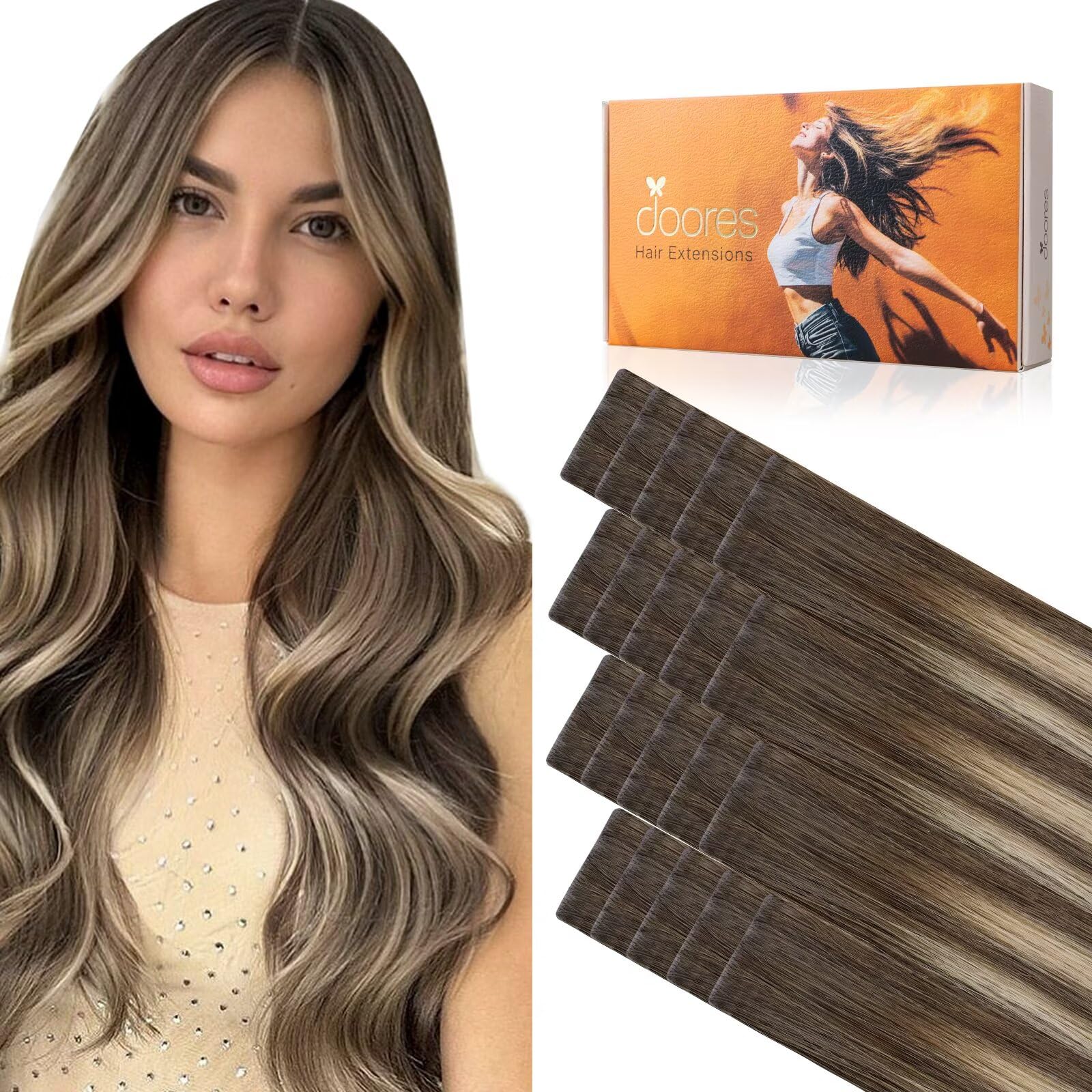 DOORES Invisi Edge Hair Extensions Tape in, Chocolate Brown to Honey Blonde 10 Injection Tapeins with 10 Injection Tapeins 50g 16 Inch, Injected Tape