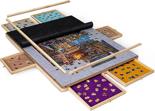 Lavievert Diseño de marco desmontable Tablero de rompecabezas de madera portátil con barras protectoras extraíbles 2 tapetes 6 cajones de color y