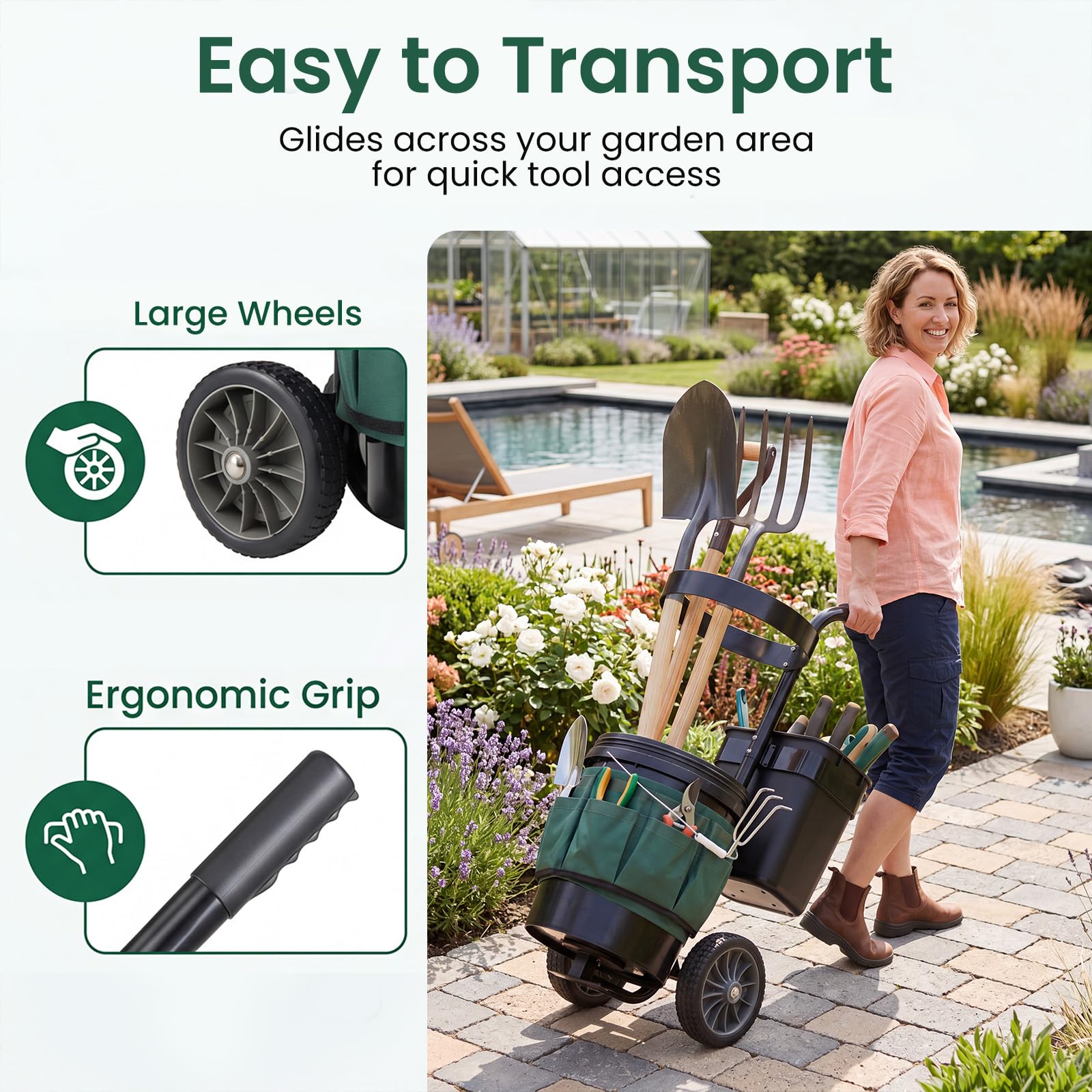 HOMASIS Carrello da Giardino 30L in Metallo per Giardinaggio e Pulizia | Secchio, Bidone e Tasche, 2 Ruote Porta Utensili e Foglie, Carrellino Verticale per Cortile e Terrazza