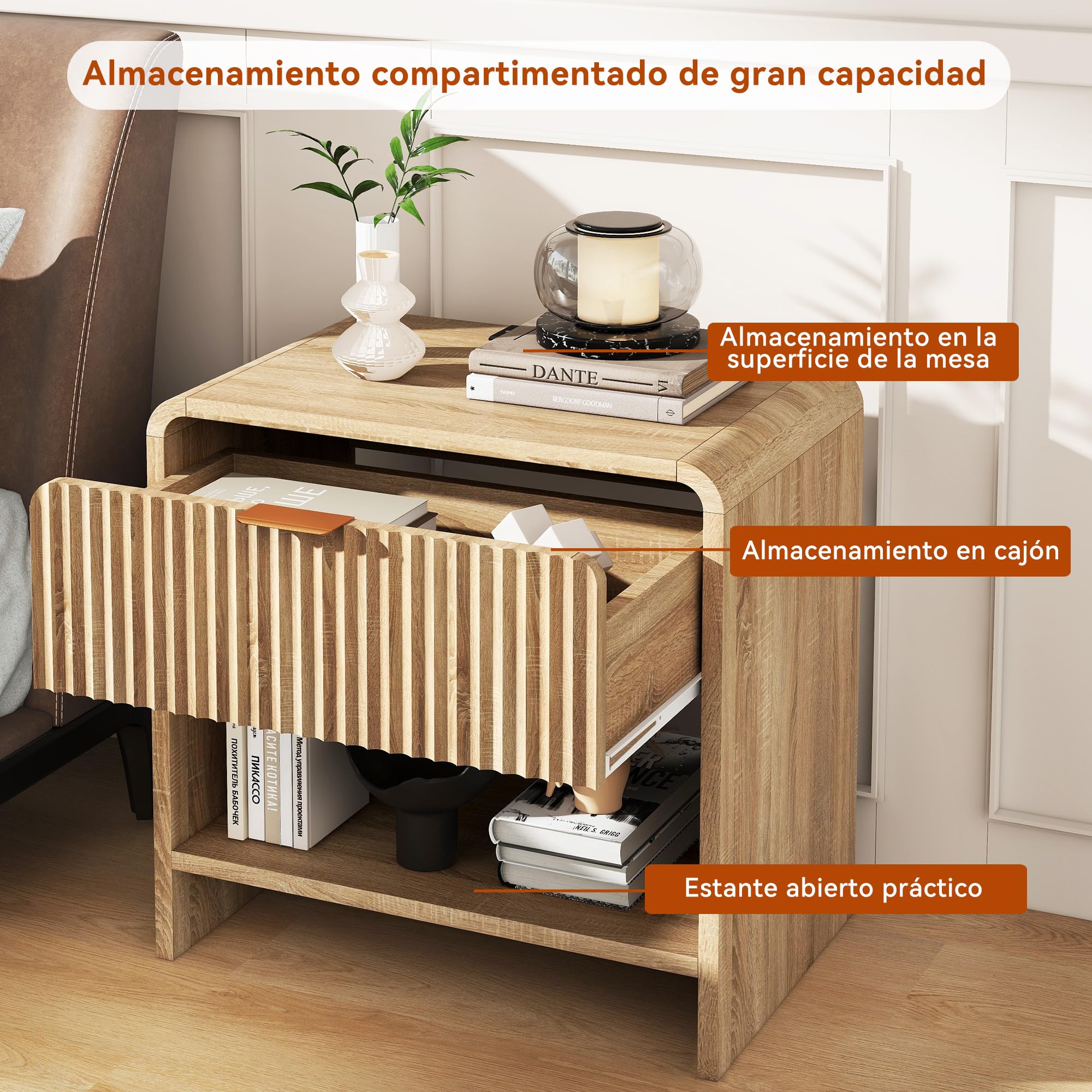 Mesita de Noche, Cajón y Borde Antideslizante, Color Madera