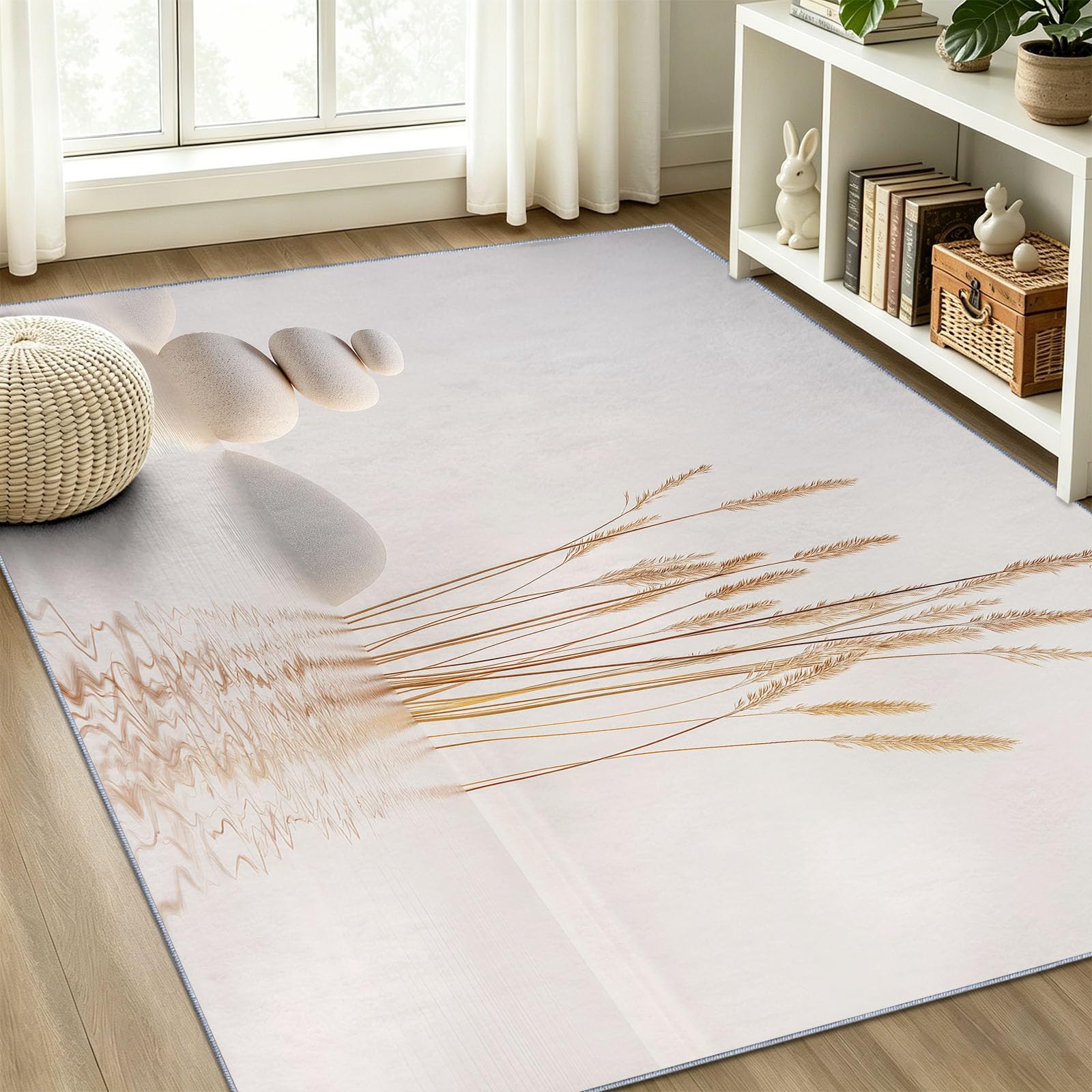 Tapis Chambre Salon Pierres Empilées Foin Surface Eau Reflet Doux Antidérapant Lavable en Machine Tapis Décoratif de Style Oriental Naturel pour Entree Interieur, 180 x 240 cm Clair