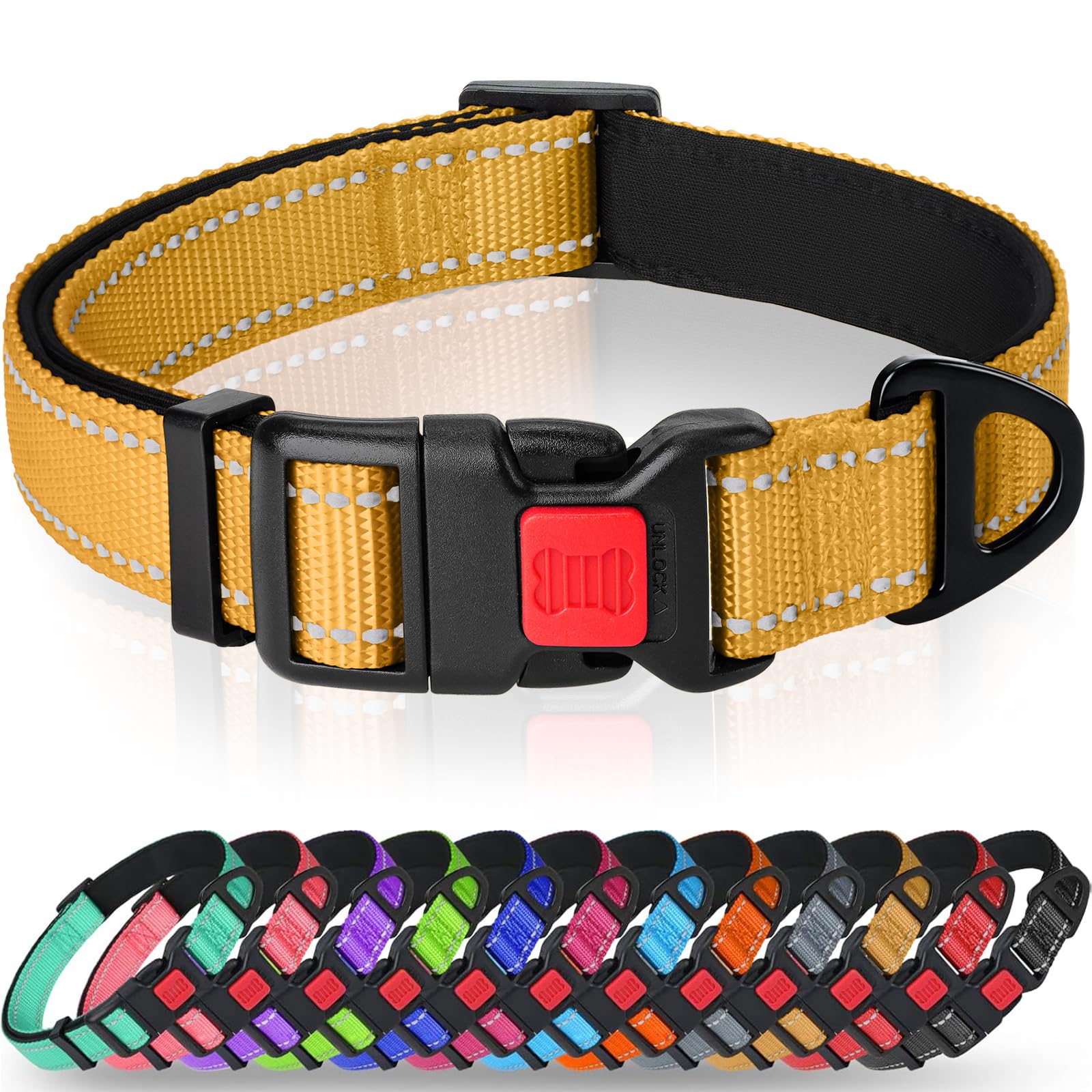 Taglory Reflective Nylon Dog Collar with Safety Buckle, Adjustable Pet Collars with Soft Neoprene Padding for Extra Large Dogs, Tan