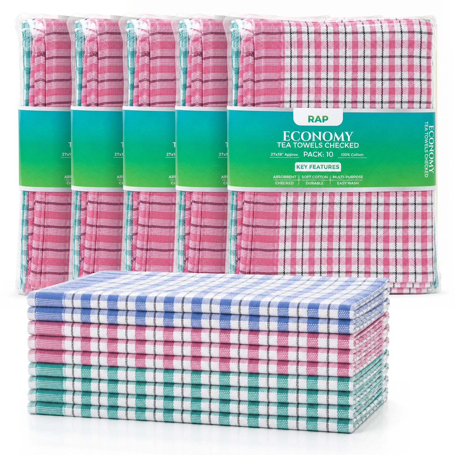 RAP Gloves x50 Economy Tea Towels 27 x 18 inches โ 100% Cotton Kitchen Economy Towels Set, Soft & Highly Absorbent Lint Free Dish Cloths and Bar Towels, Everyday Kitchen Dish Towel.