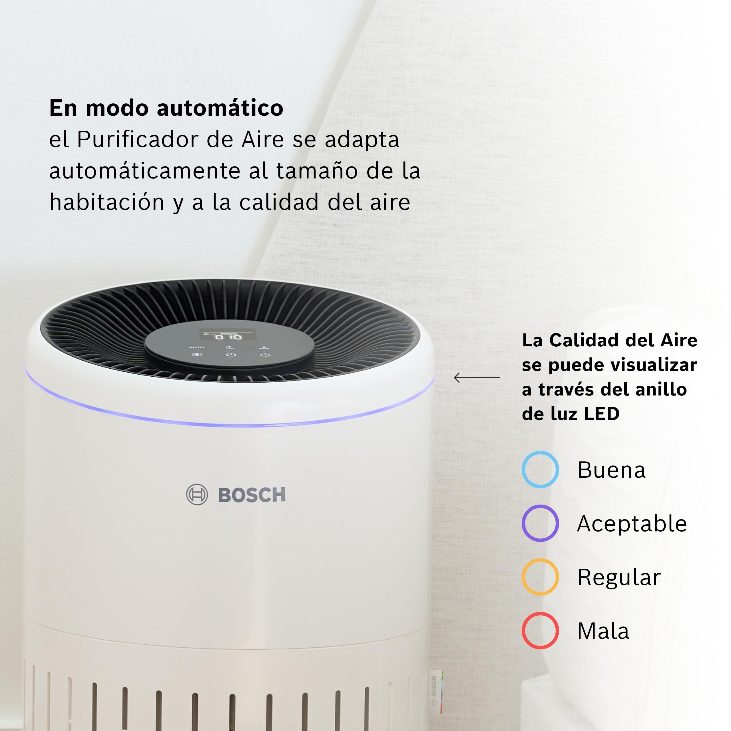 Bosch Air 4000, Purificador de aire, Para estancias de hasta 62,5 m² | Con Filtro de Aire 3 en 1, Sensor Inteligente, Modo Automático, Modo Silencioso (< 25 dB(A)), CADR: 300 m³/h