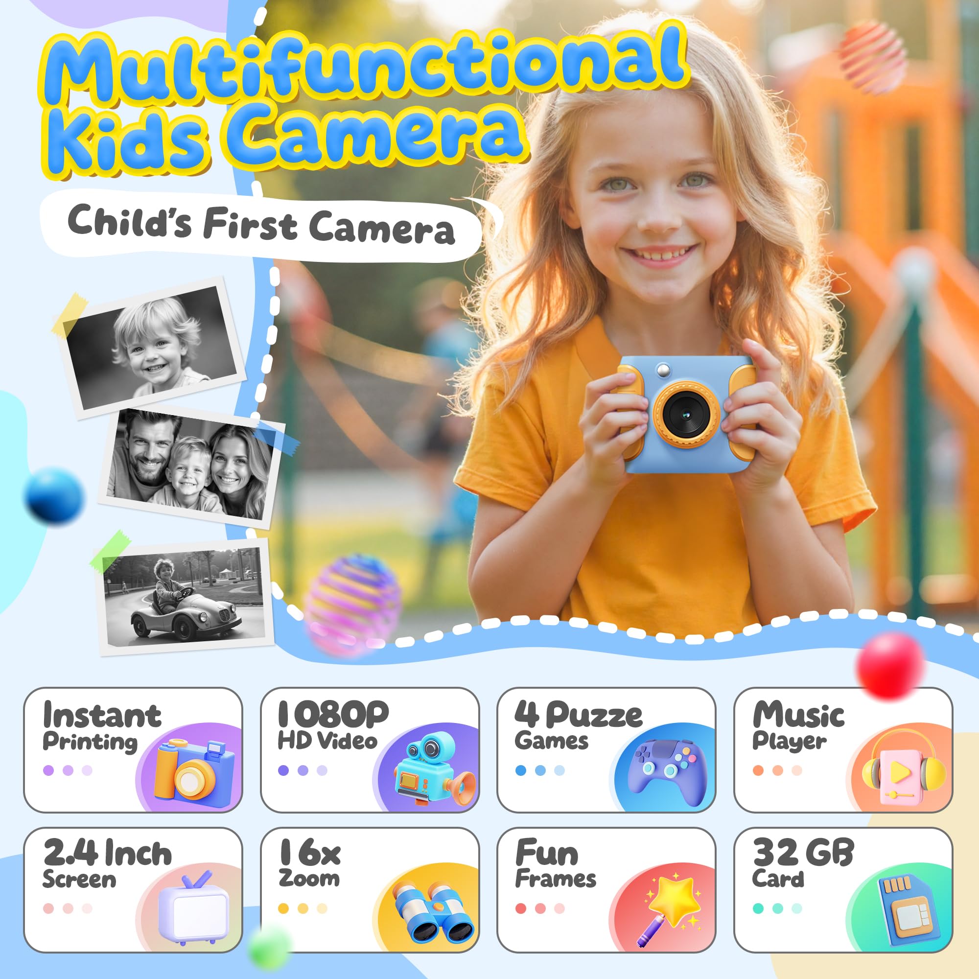 CalineGam Macchina Fotografica Bambini Istantanea, HD 1080P Fotocamera Istantanea per Bambini con Scheda 32G e Carta Fotografica, Regalo per Ragazze Ragazzi da 3-12 Anni (Blu)