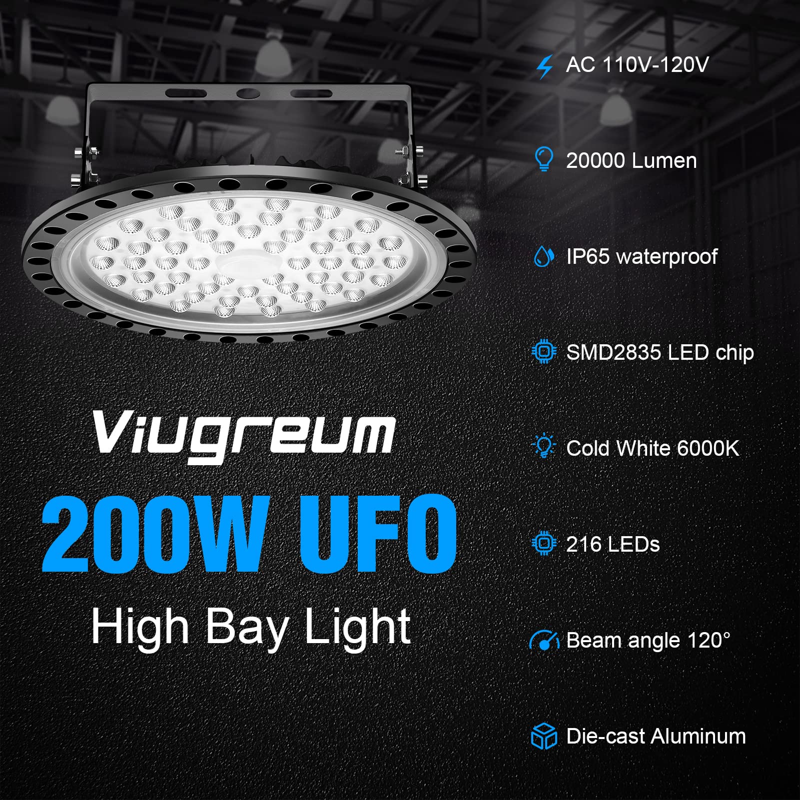 Viugreum LED High Bay Light 200W UFO 20000LM 6000K lamp Factory Warehouse Industrial Lighting IP65 Waterproof LED Lights — view 9