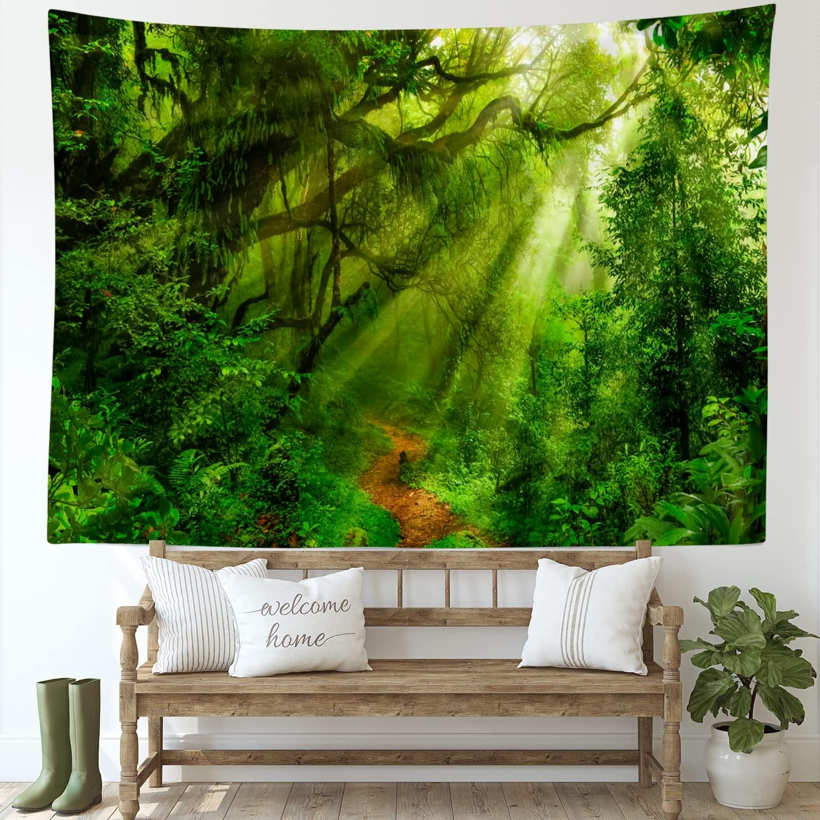Skcess Arazzo da parete foresta verde 200 x 200 cm - Paesaggio albero alba - Arazzo da parete