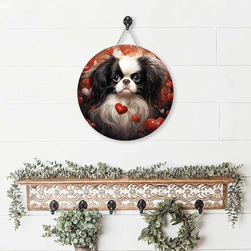 Miniatura 2 de Letrero de madera con diseño de perro japonés con corazones alrededor de San Valentín para decoración del hogar, colgador de puerta, letrero de