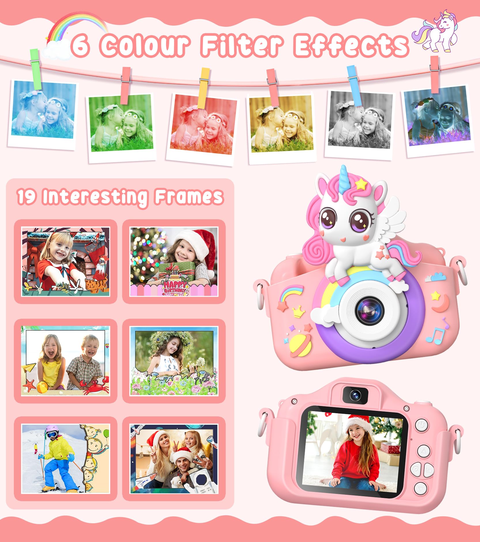 Gontence Macchina Fotografica Bambini, 2.0" Schermo Macchina Fotografica Bambino, Scheda SD 32GB | 1080p HD Filmati, Giochi Bambini 3 4 5 6 7 8 9 10 11 12 Anni, Regalo Bambina Femmina Digital