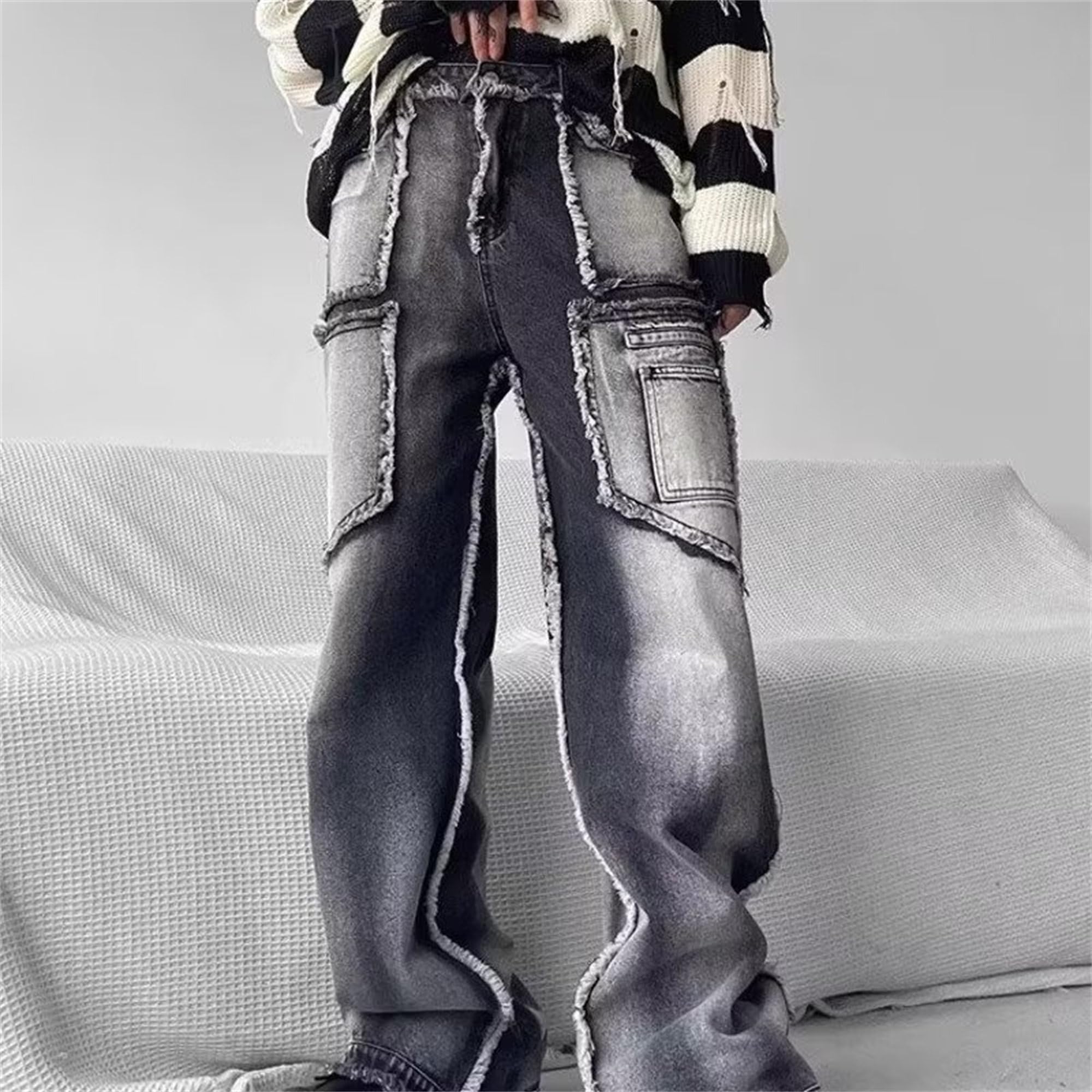 Men's Washed Patchwork Jeans Cargo Wide Leg Denim Pant Baggy Vintage Hip Hop Streetwear Jean Trousers (Gray,Small)