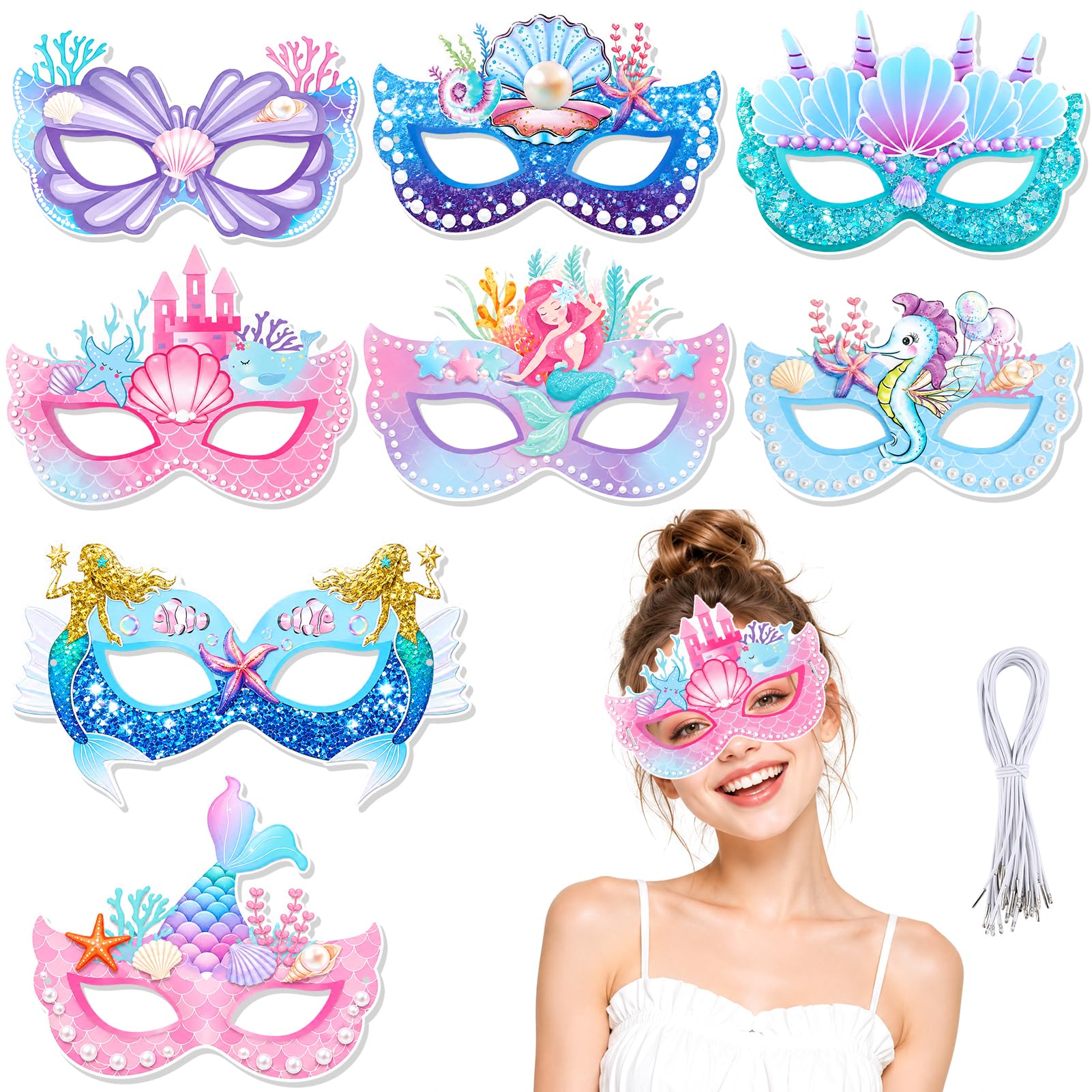 Máscaras de sirena Konsait de papel infantil con cuerda elástica pack de 16 unidades para disfraz 8