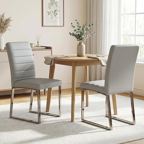 Hommoo Juego de 2 sillas de comedor tapizadas de piel sintética, asiento acolchado sin brazos con patas de metal, moderna silla de comedor para Gris
