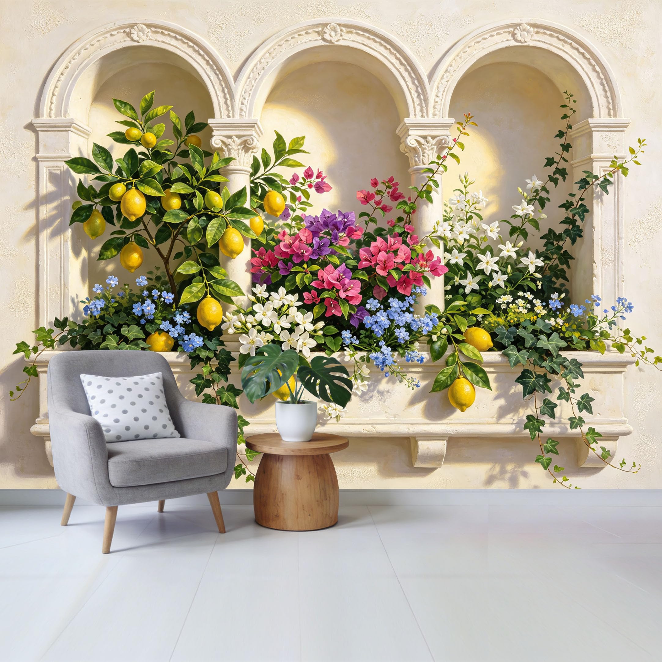 Custom Size Wall Mural Mediterranean Botanical Lemon Tree Floral Arch Window Removable Self Adhesive Fabric Home Wall Decor for Living Room Bedroom Bathroom